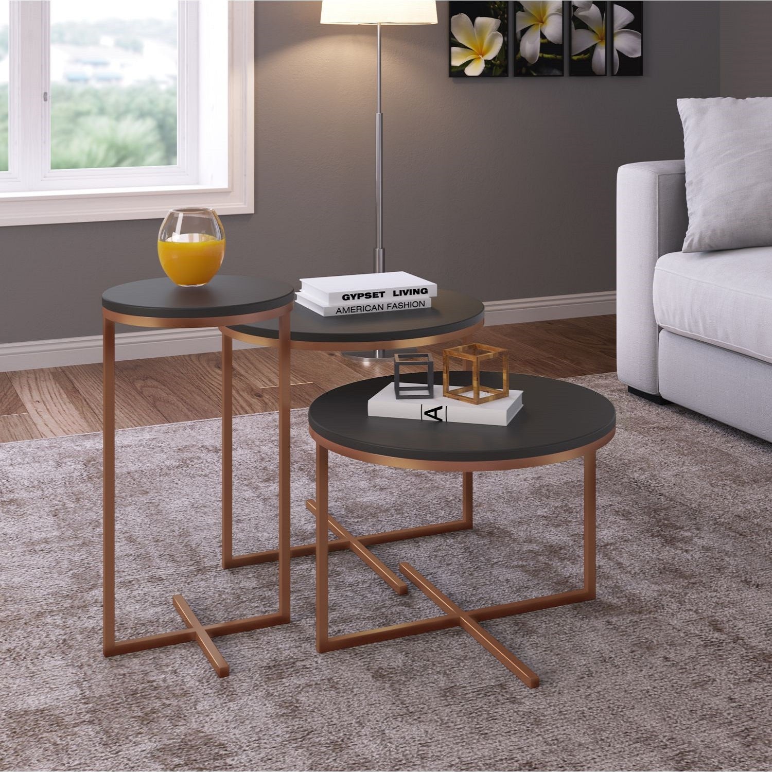 Set X3 Mesa Auxiliar Baru Negro, Bronce
