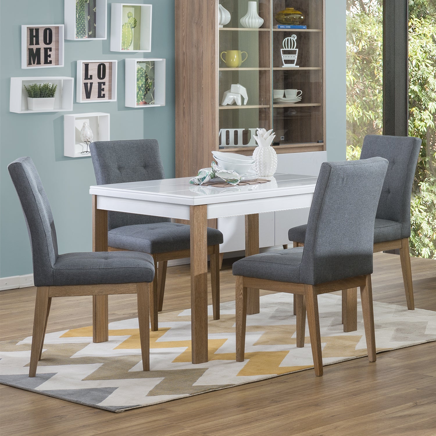 Comedor 4 Puestos Kepler Lino Hampton Gris Humo, Natural Poliuretano*