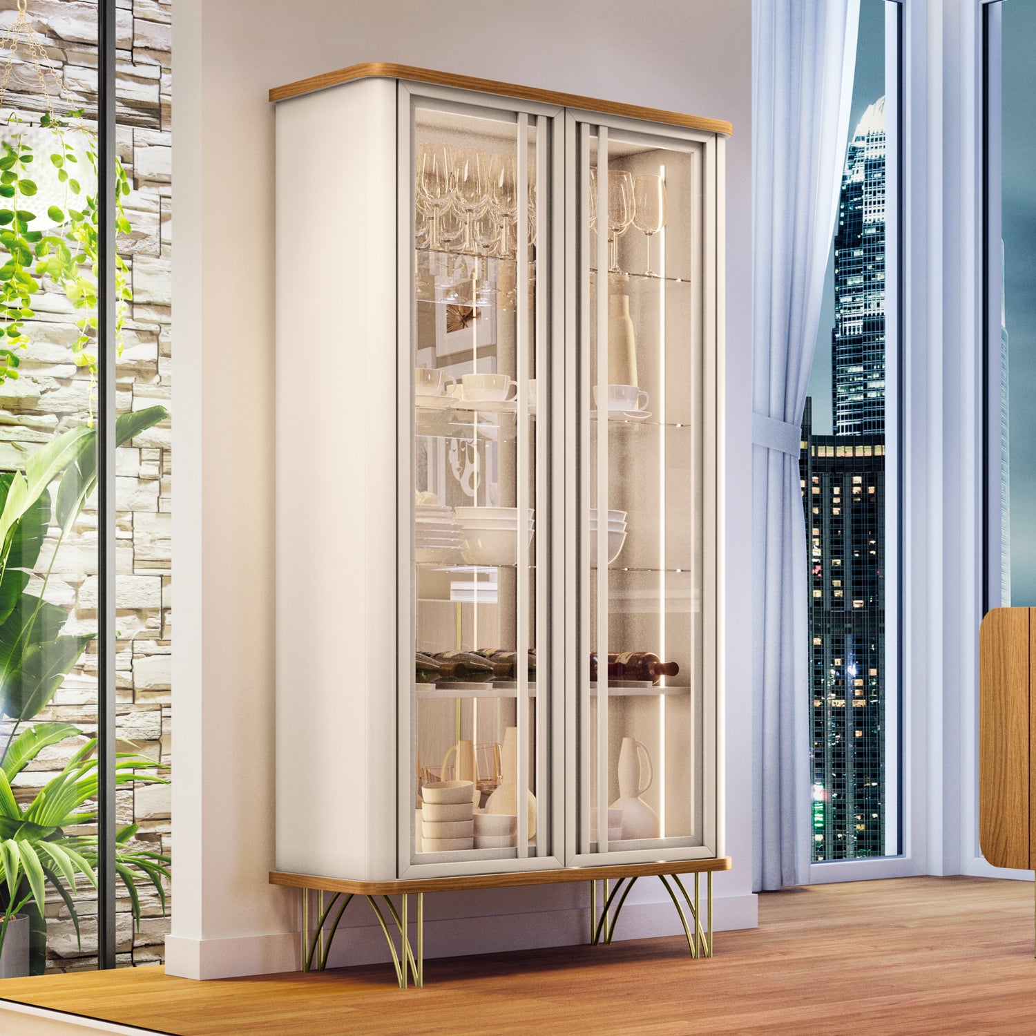 Vitrina Lina 90X180X42 Off White, Natural