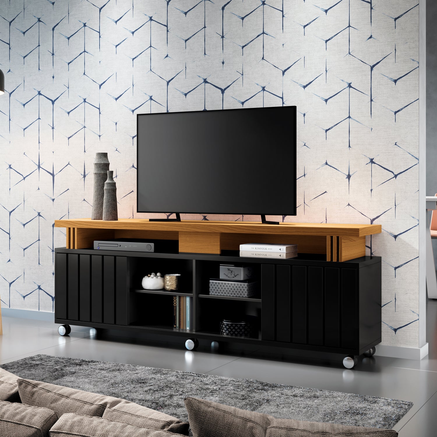 Mesa De Tv Vigo 180X66X36 Negro, Natural