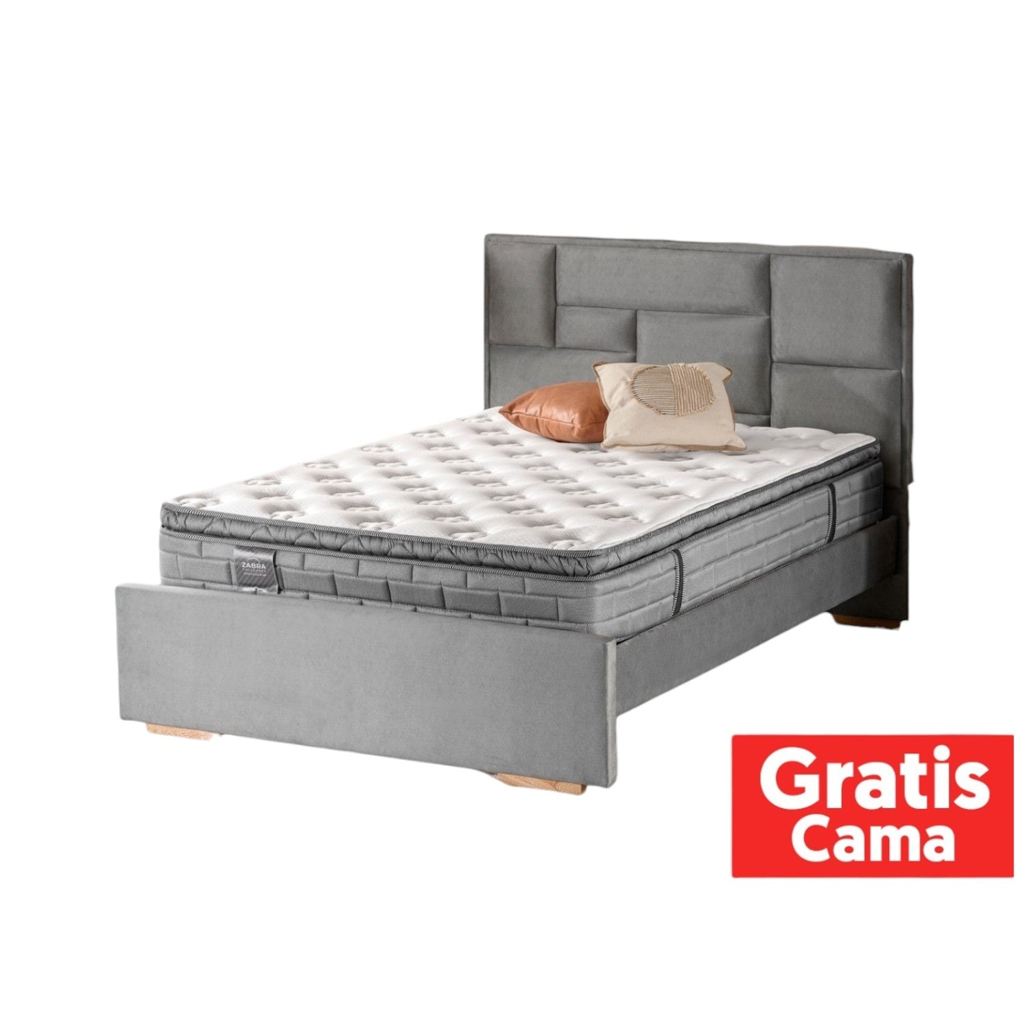 Combo Colchón Queen Aurora Gris Pillow Top+ Cama+ Almohadas