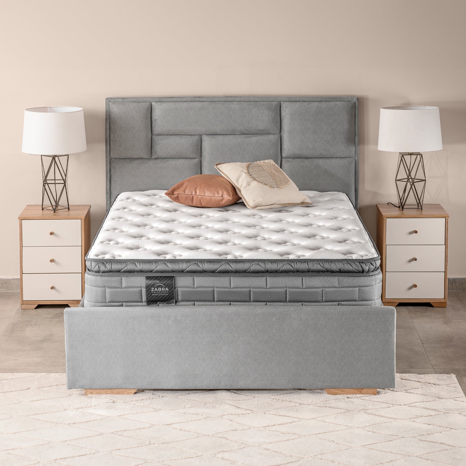 Combo Colchón Queen Aurora Gris Pillow Top+ Cama+ Almohadas