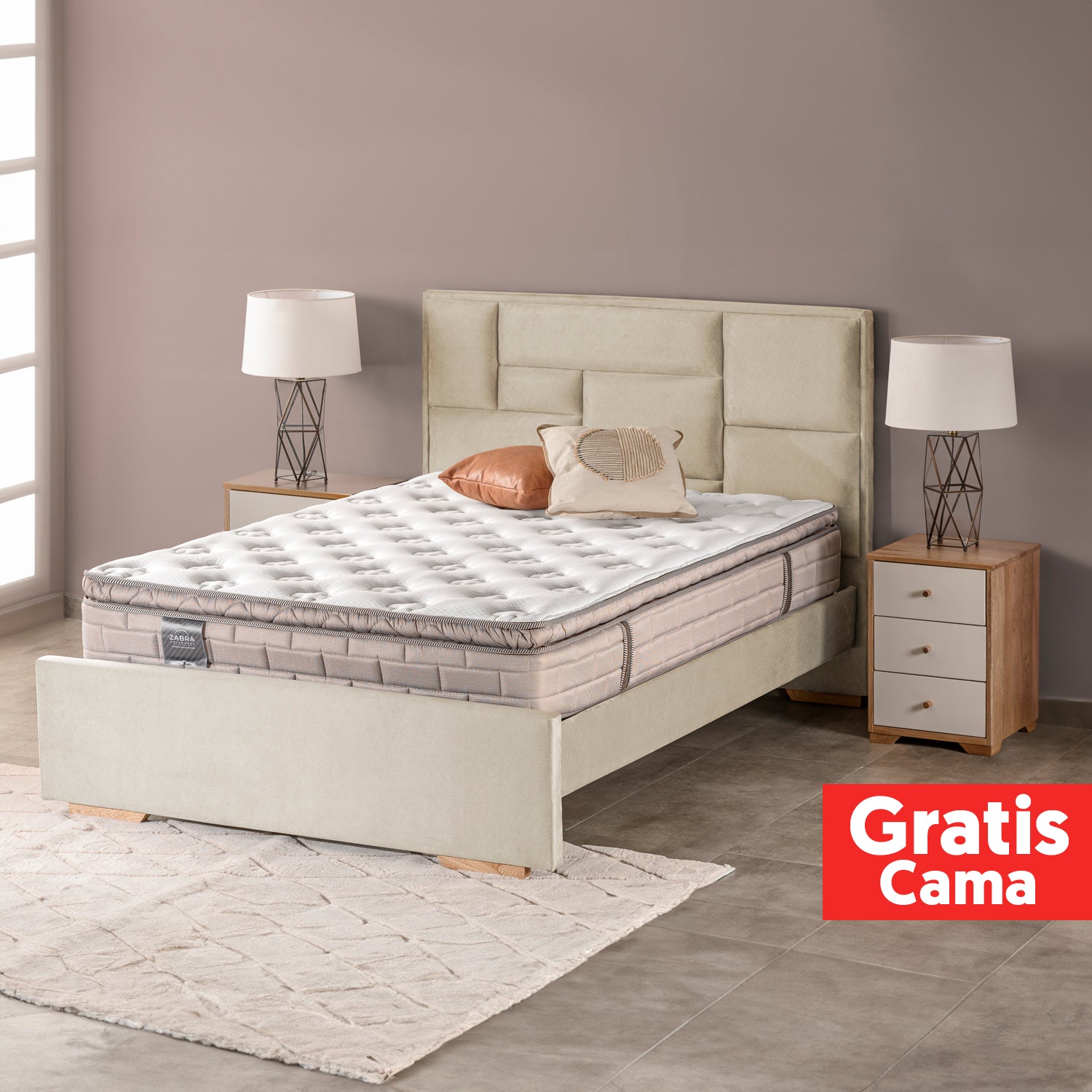 Combo Colchón Semi Doble Aurora Beige Pillow Top (Garantia 15 años)+ Cama+ Almohadas