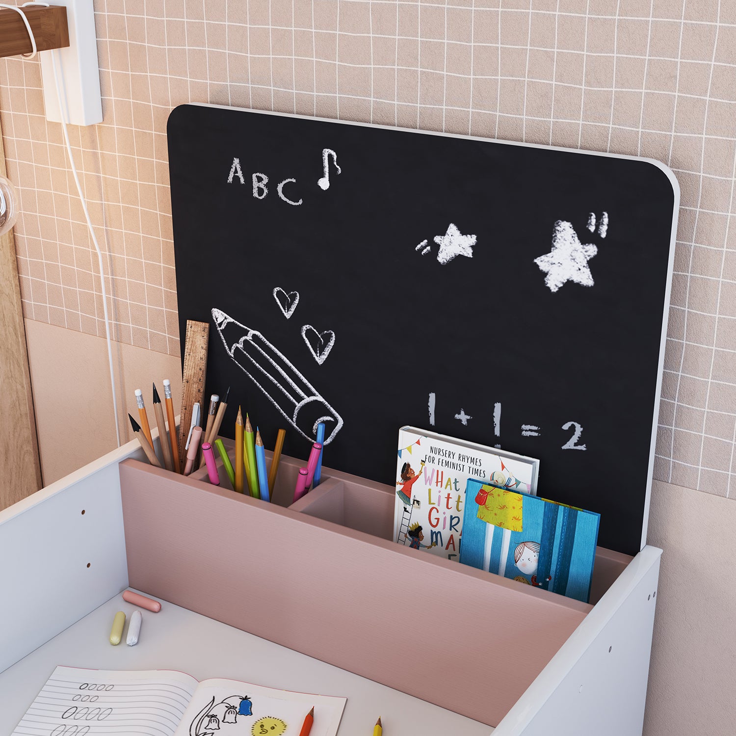 Escritorio Abby + Silla Blanco, Rosado