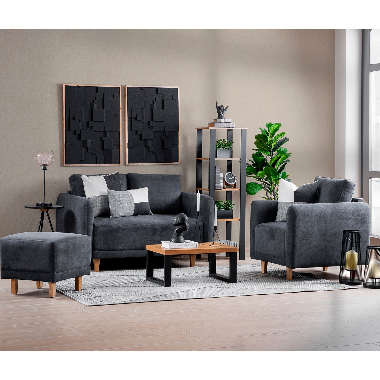 Juego de Sala Lana Microfibra Dorsey Gris, Natural