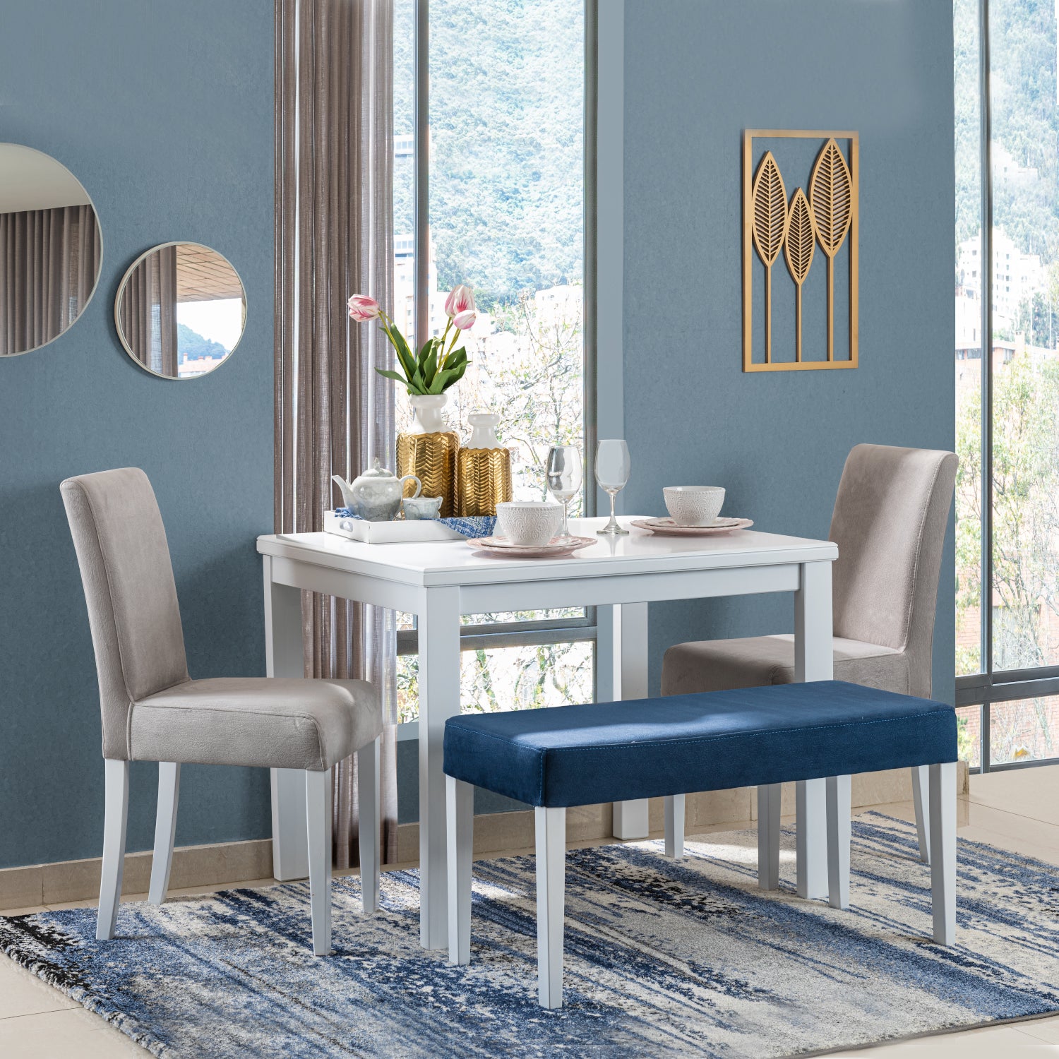 Comedor 4 Puestos Bruce Microfibra Gris, Blanco Poliuretano