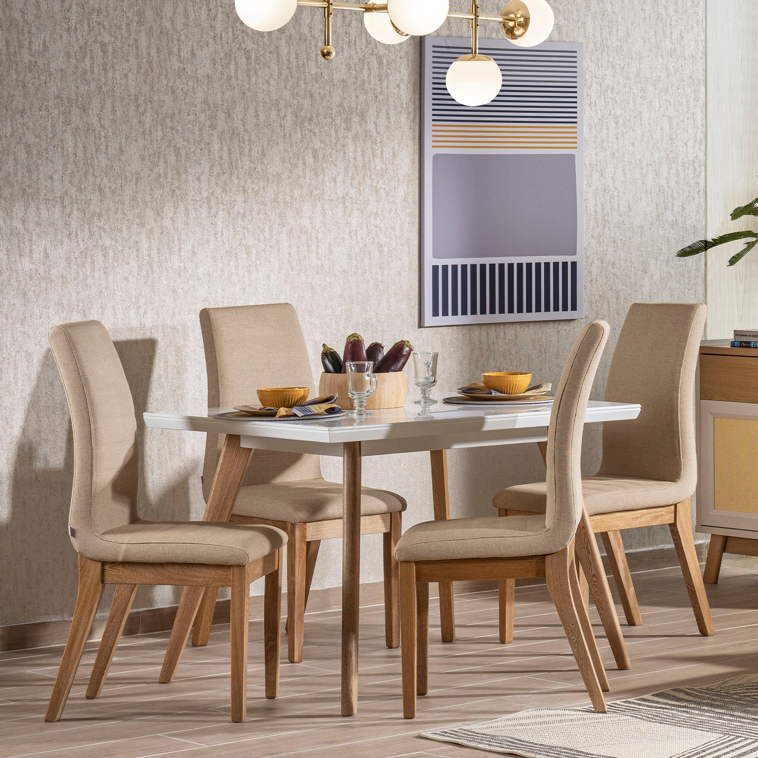 Comedor 4 Puestos Bruno Eurolino Marfil, Natural y Blanco Poliuretano*