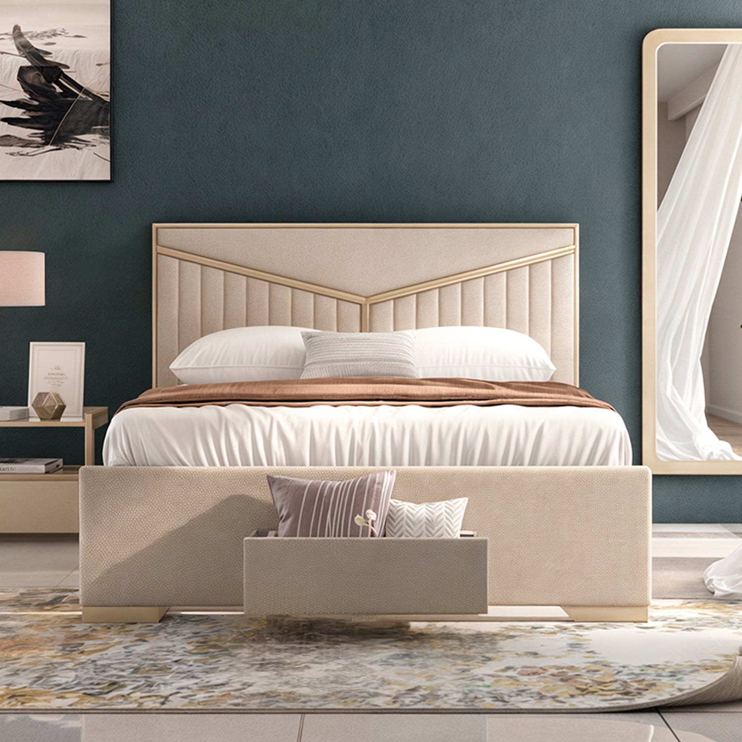 Cama Doble Versalles Eurolino Beige, Champaña