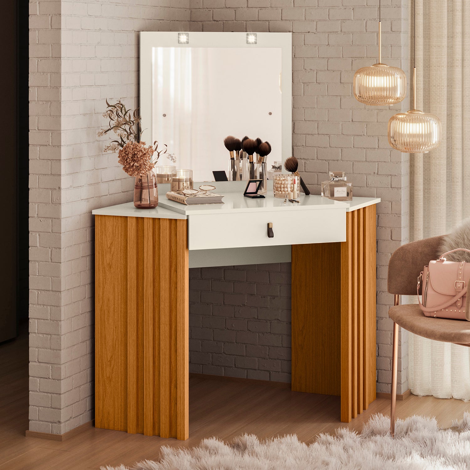 Tocador Esquinero Ely Off White, Natural