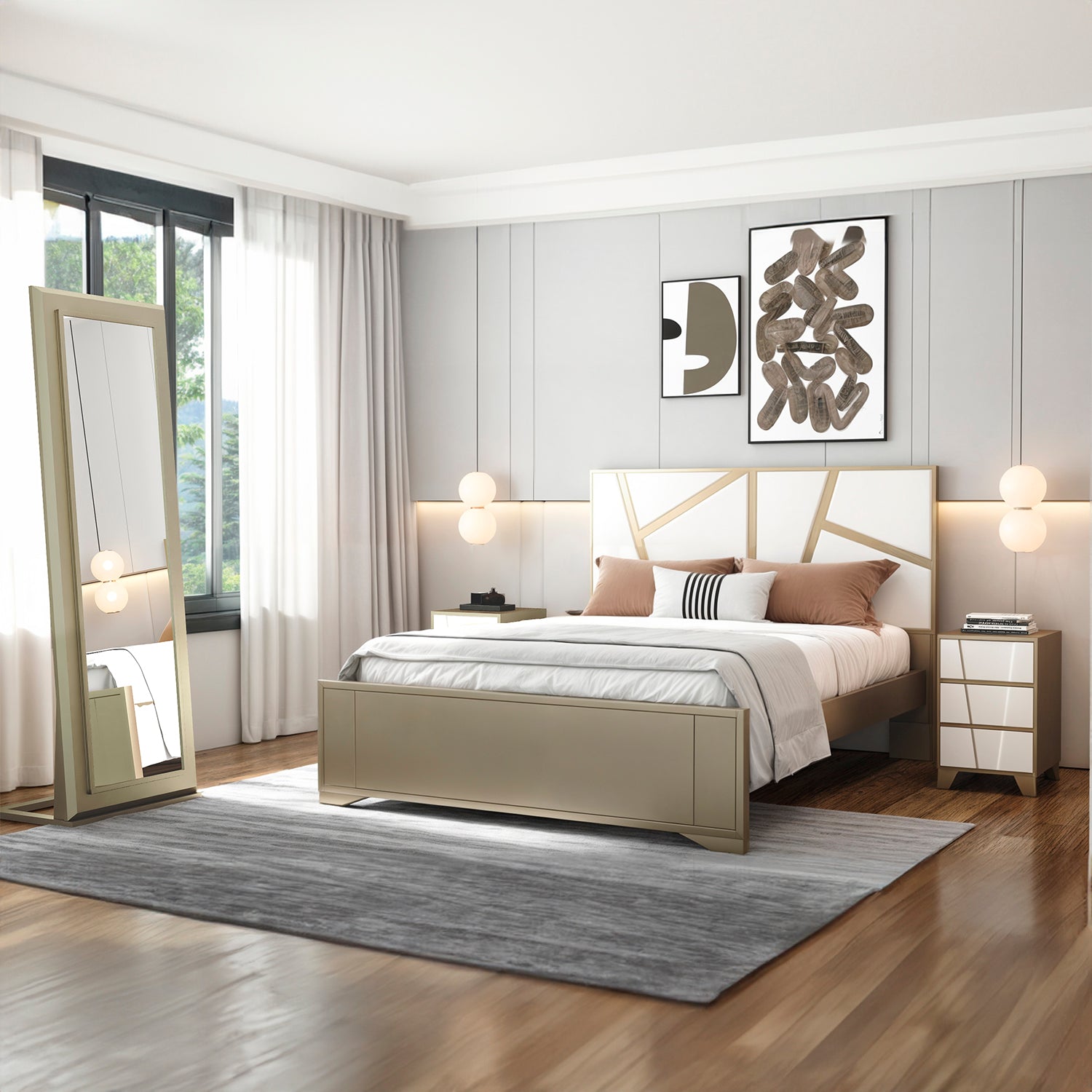 Cama Doble Rosbell Champaña, Off White