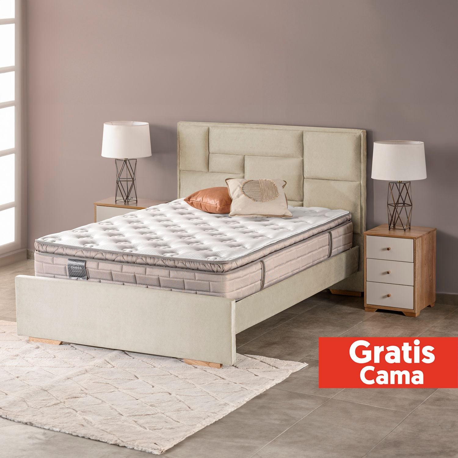 Combo Colchón Queen Aurora Beige Pillow Top (Garantia 15 años)+ Cama+ Almohadas