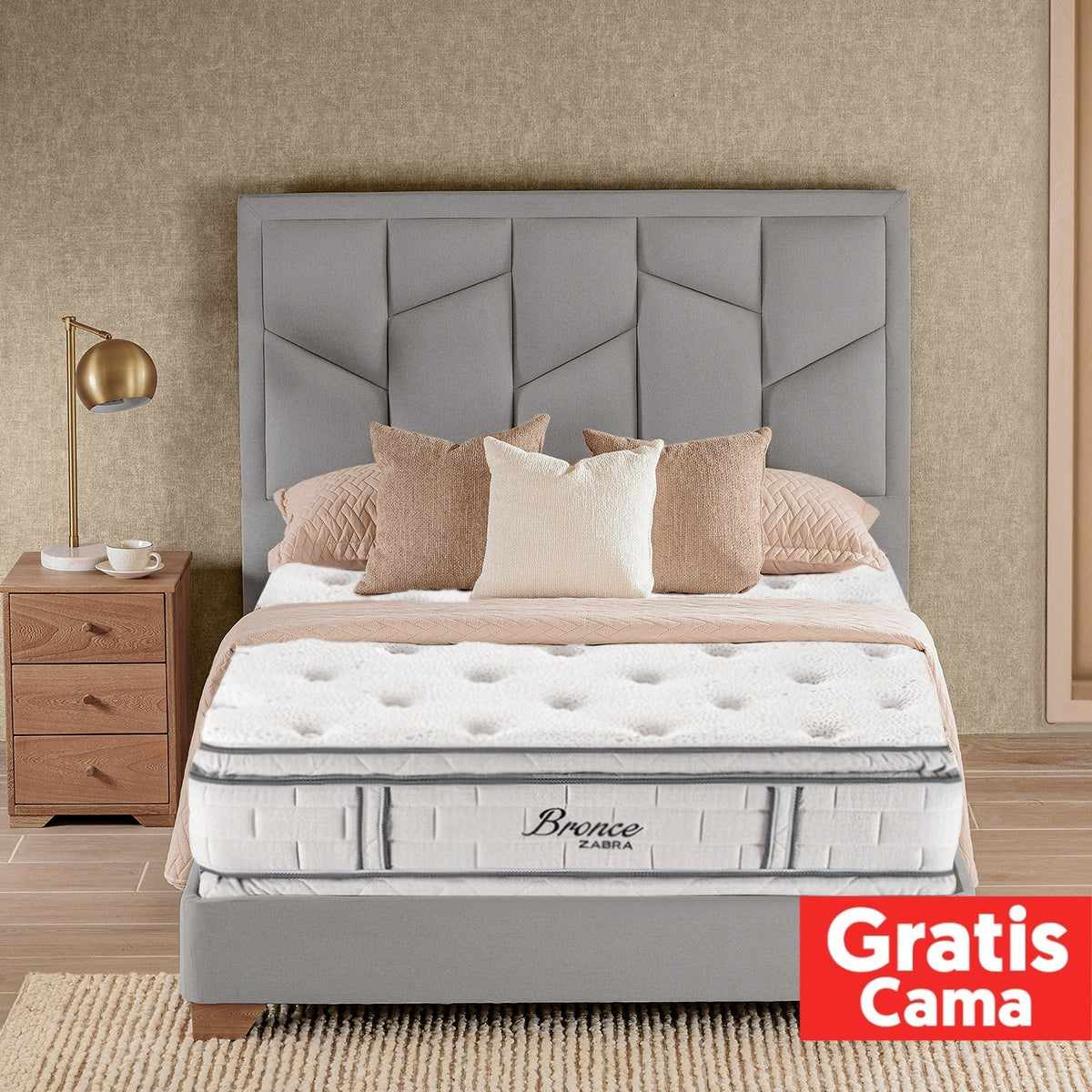 Colchón Queen Bronce Doble Pillow Top (Garantía 20 años) + Gratis cama Gris