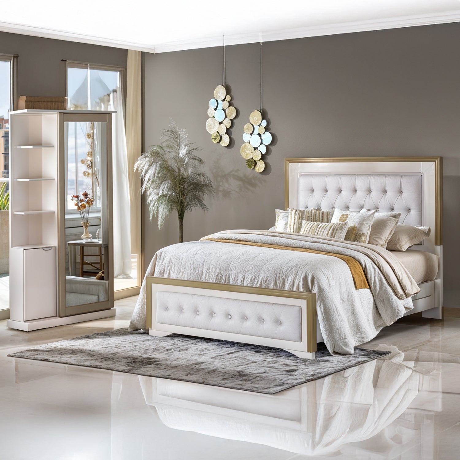 Cama Queen Romantic Eurolino Beige Perla Off White, Champaña