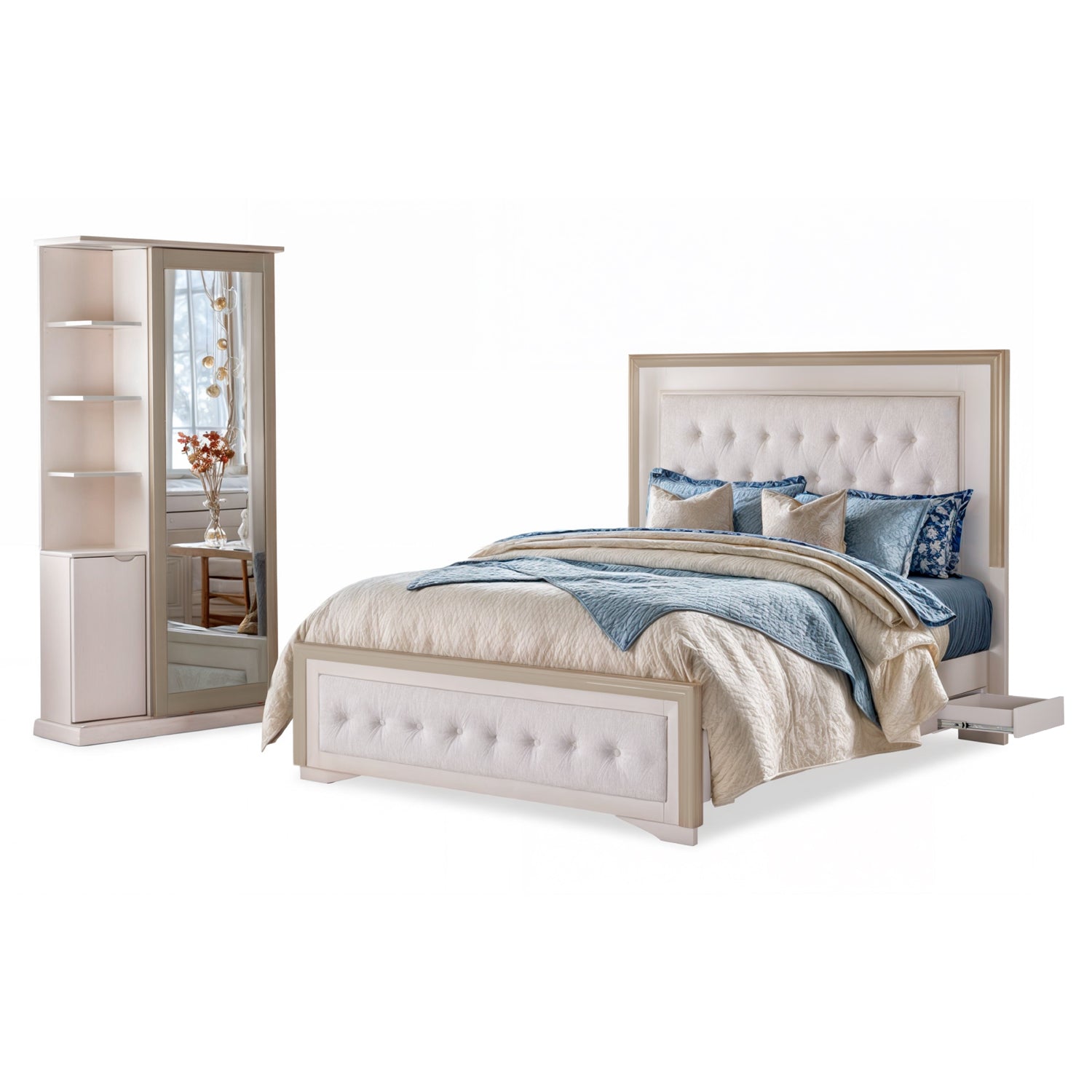 Cama Queen Romantic Eurolino Beige Perla Off White, Champaña