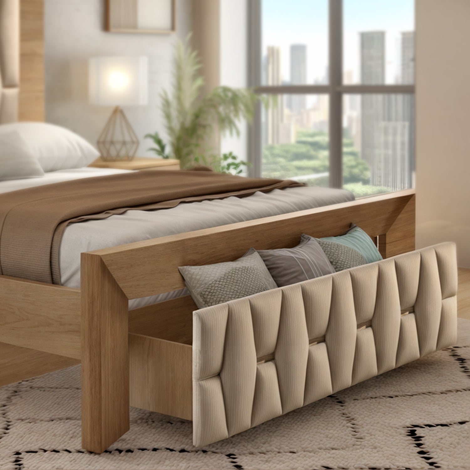 Cama Queen Mila Eurolino Marbella Beige, Natural