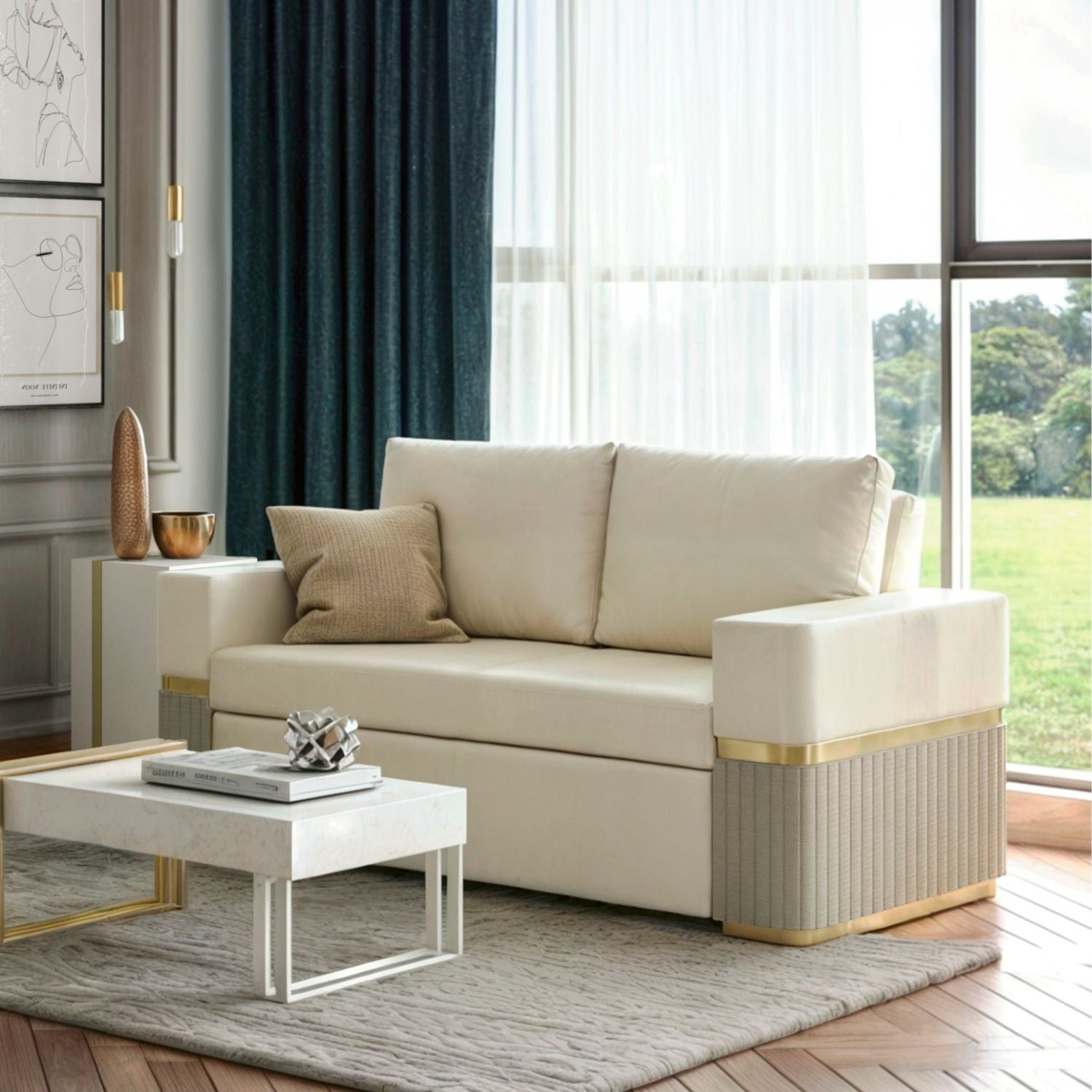 Sofá Cama Dior Eurolino Blanco Puro, Beige y Champaña