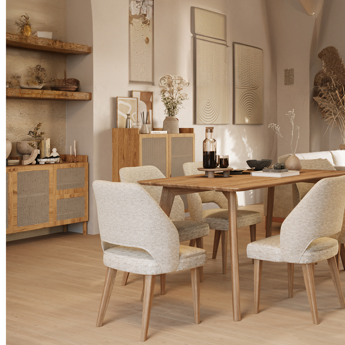 Comedor 4 Puestos Camille Lino Verona Beige, Cubierta Natural