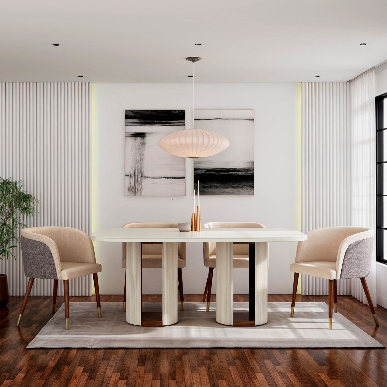 Comedor 6 Puestos Ginebra Lino York Home Beige Off White, Natural Oscuro