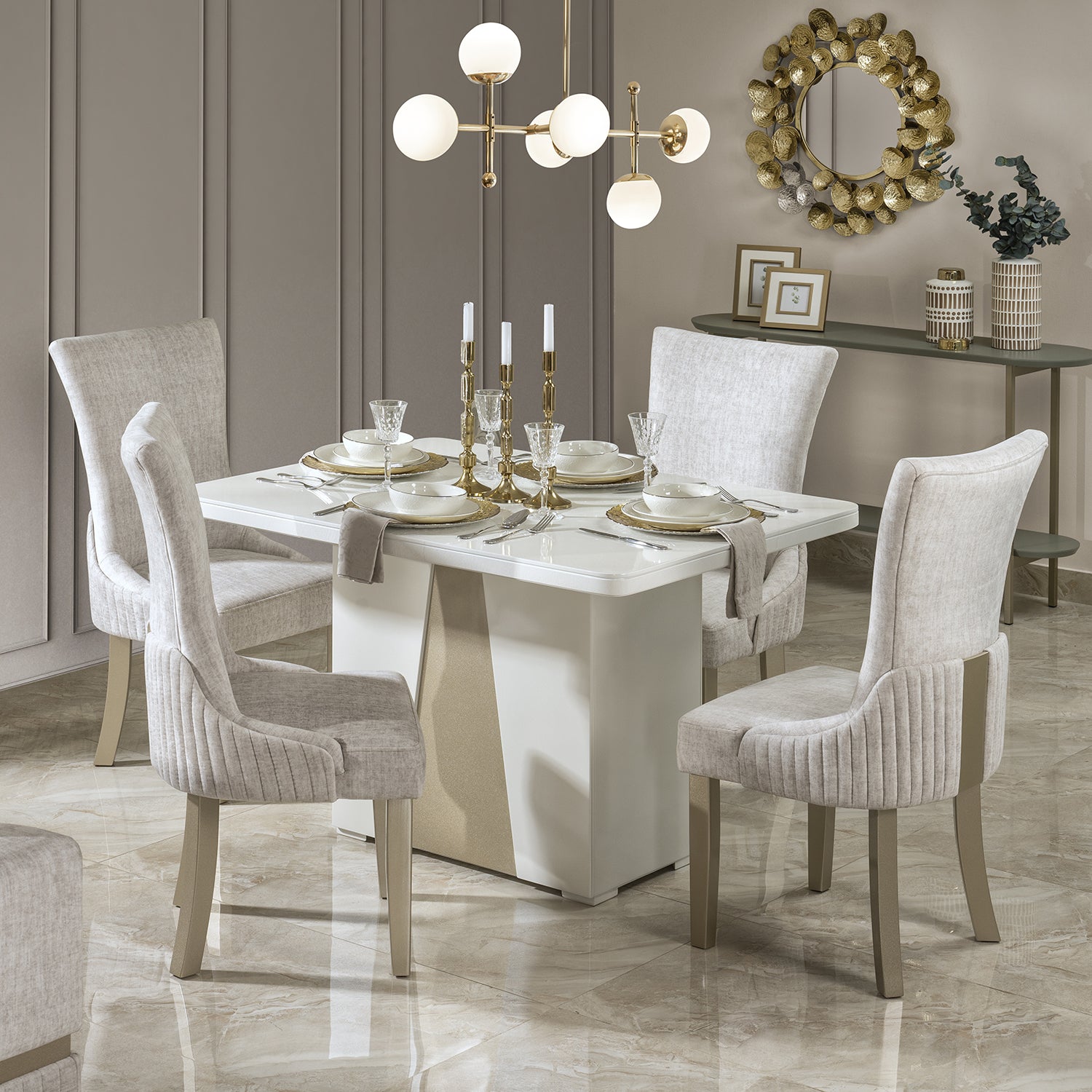 Comedor 4 Puestos Roma Velvet Atlas Marmol, Champaña