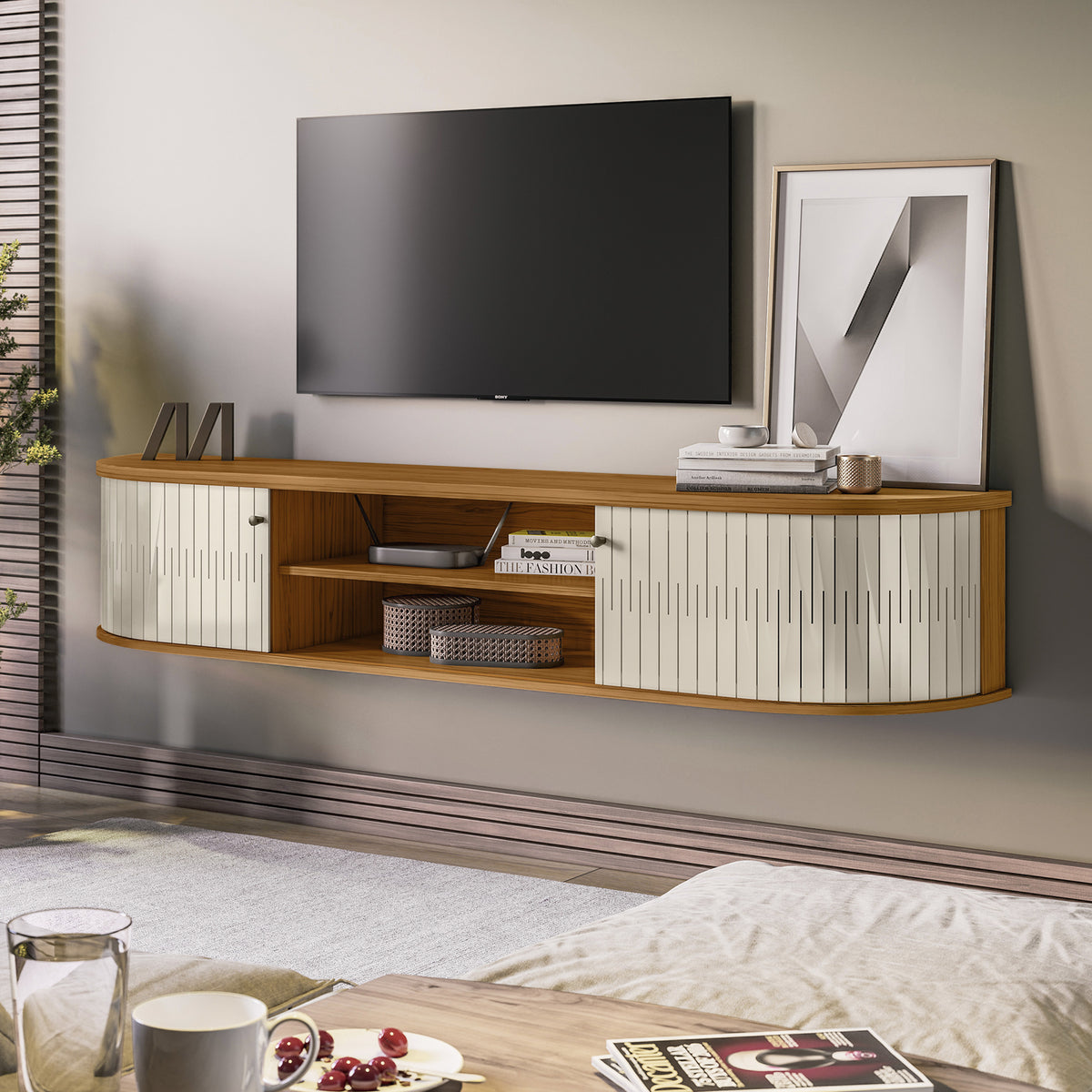Mueble De Tv Flotante Porto 183 Natural, Off White