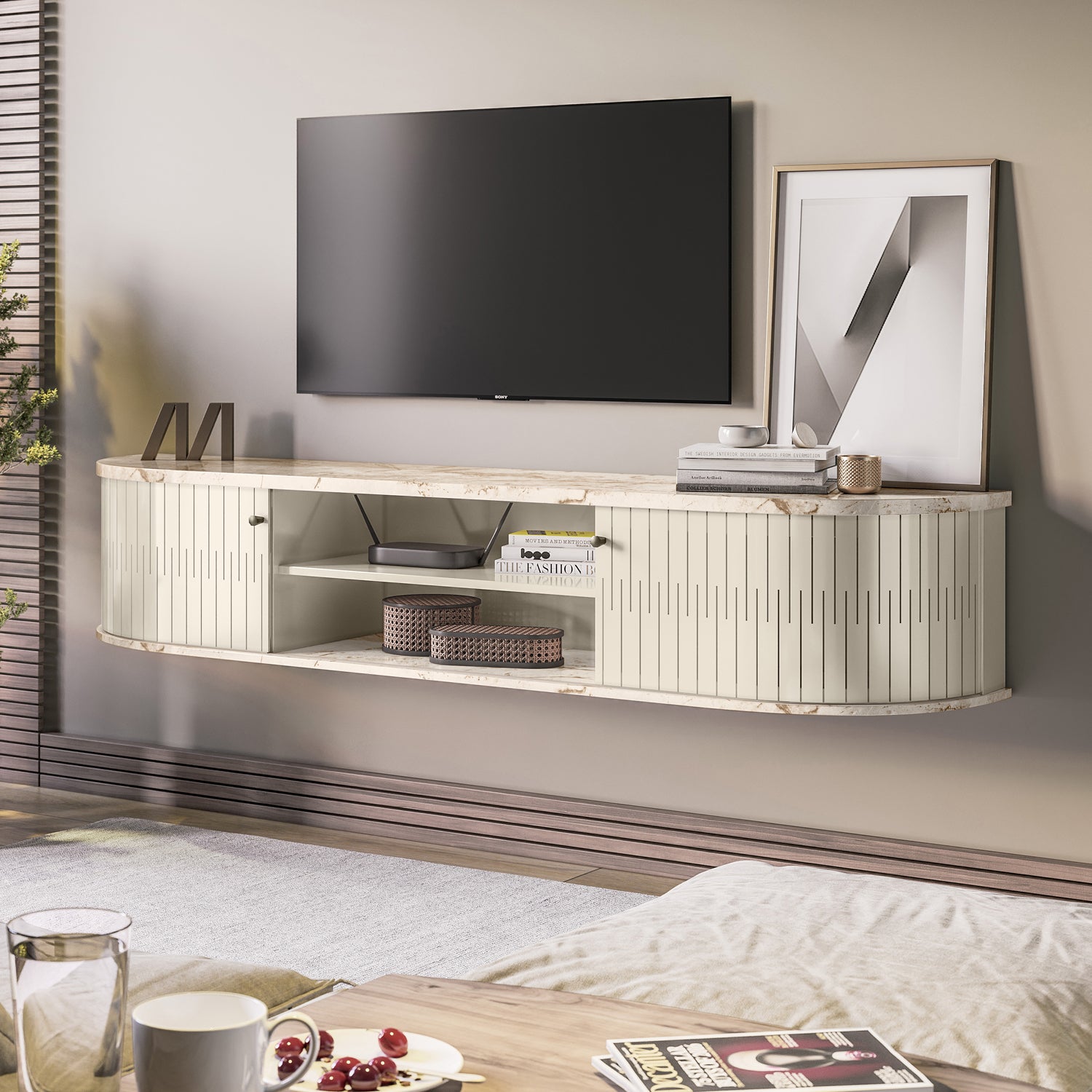 Mueble De Tv Flotante Porto 183 Off White, Marmol