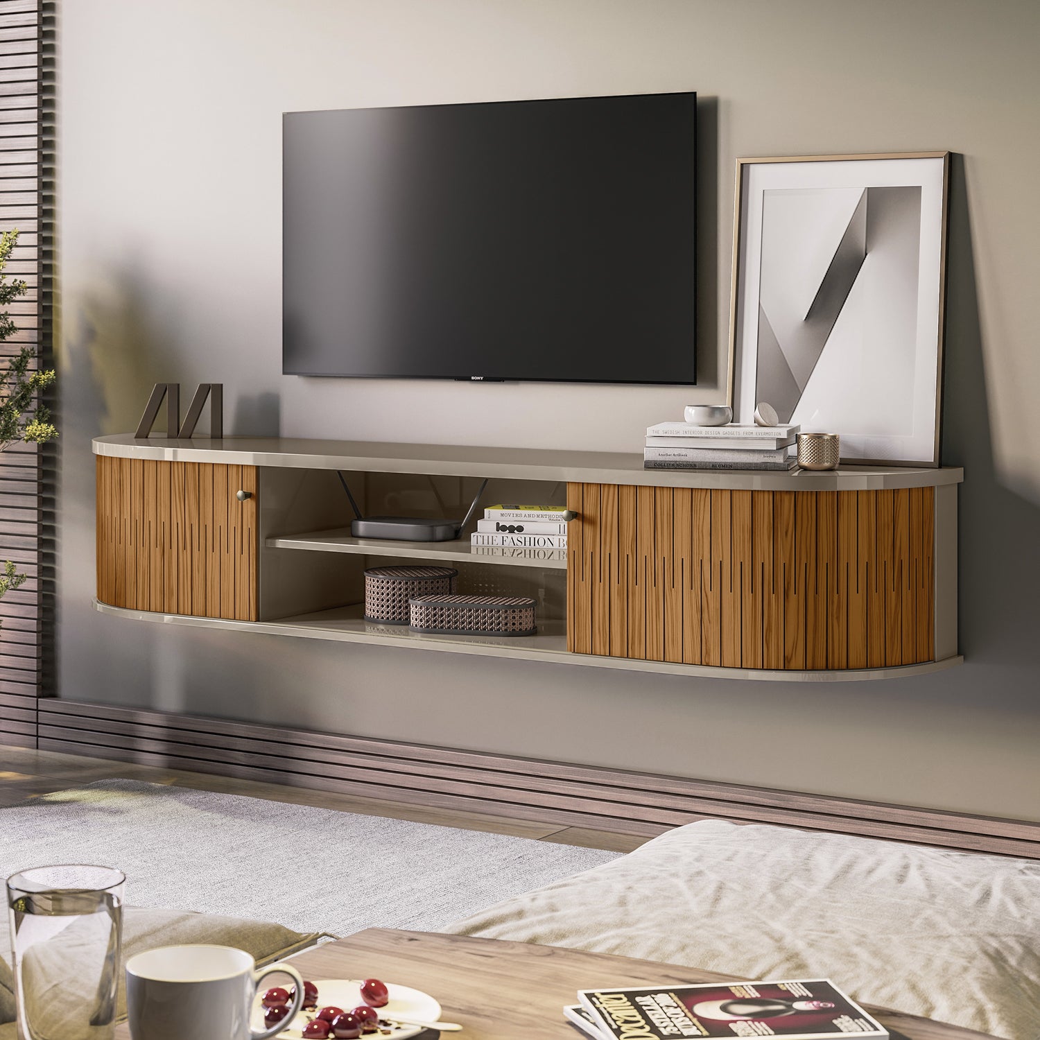 Mueble De Tv Flotante Porto 183 Gris, Almendra