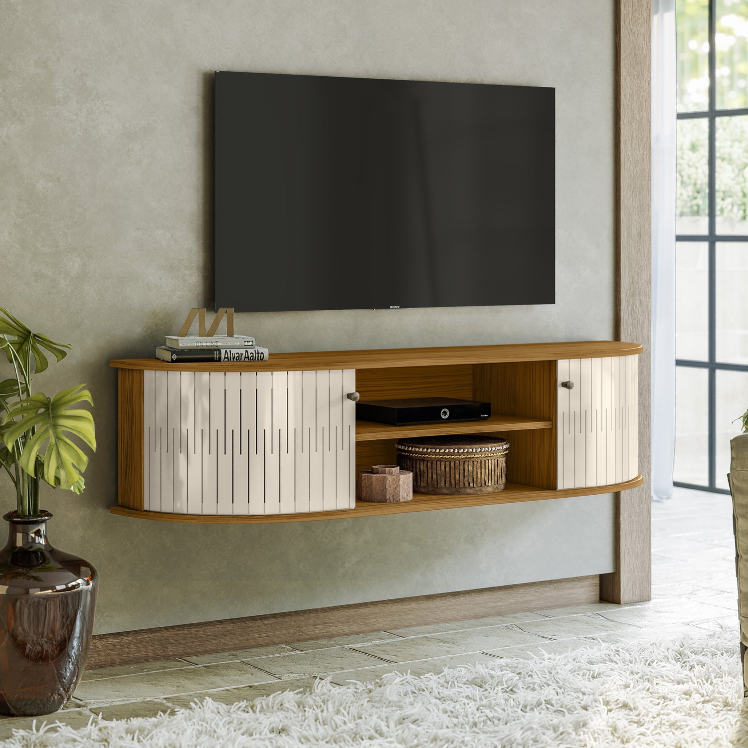 Mueble Tv Flotante Porto 136 Natural, Off White
