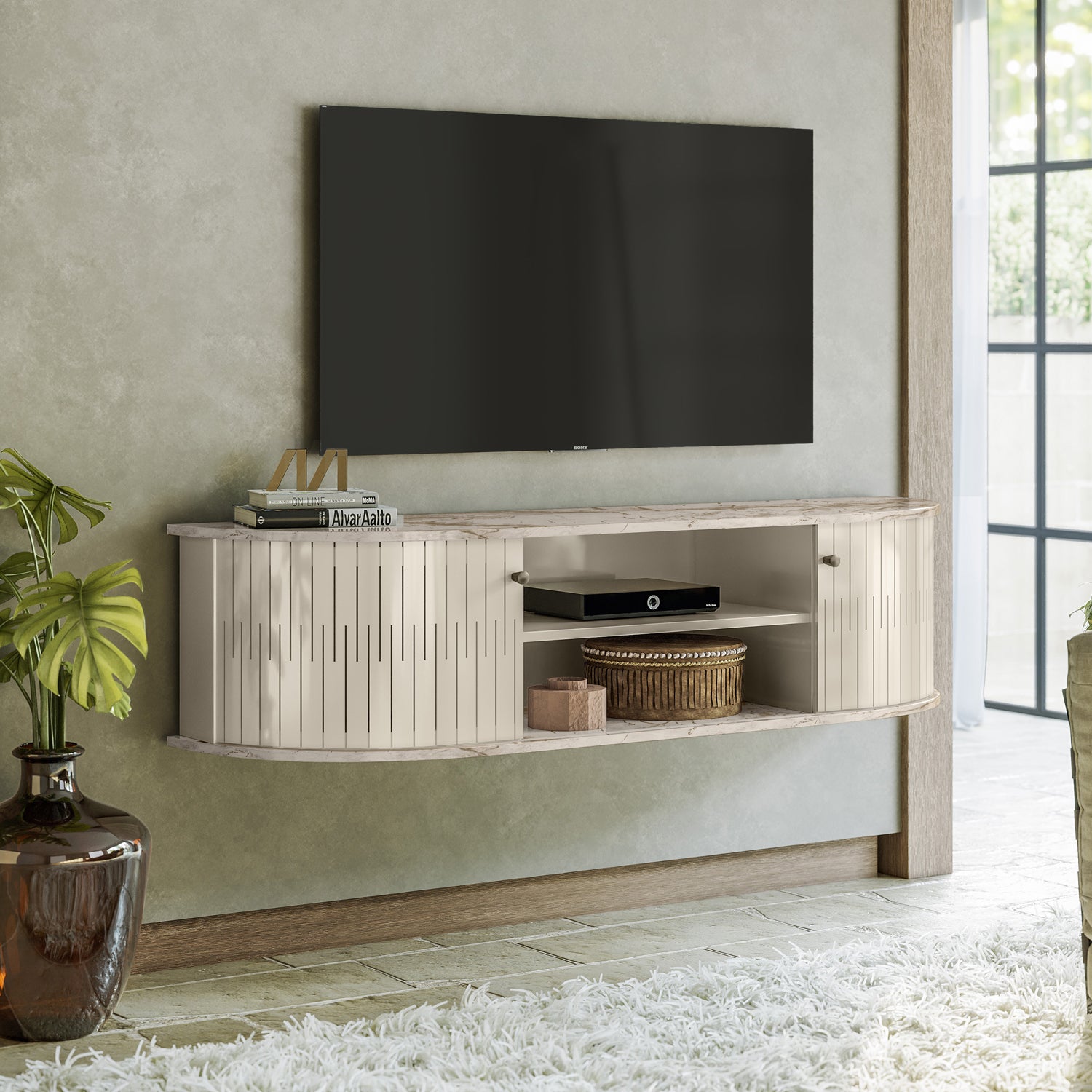 Mueble Tv Flotante Porto 136 Off White, Marmol
