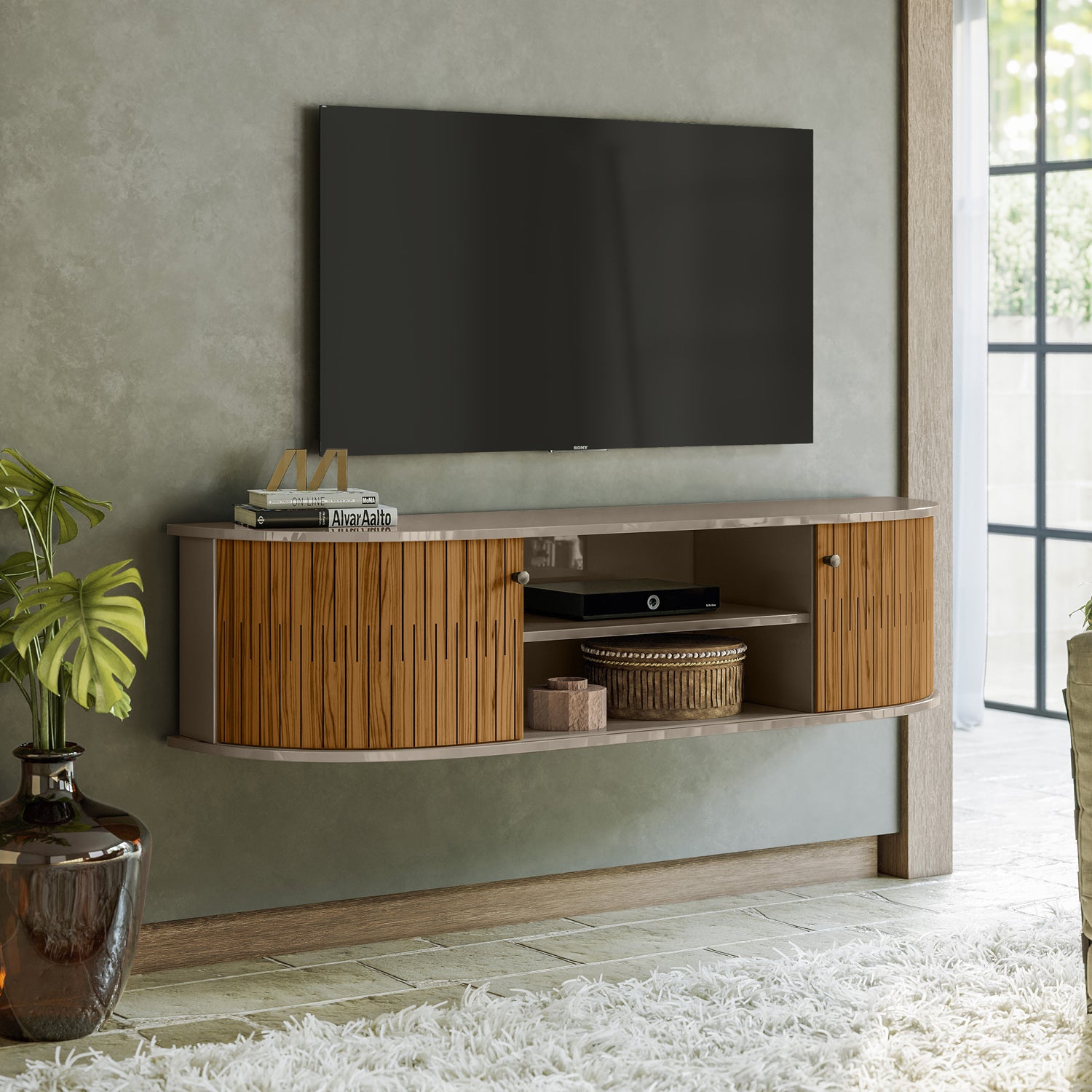 Mueble Tv Flotante Porto 136 Gris, Almendra