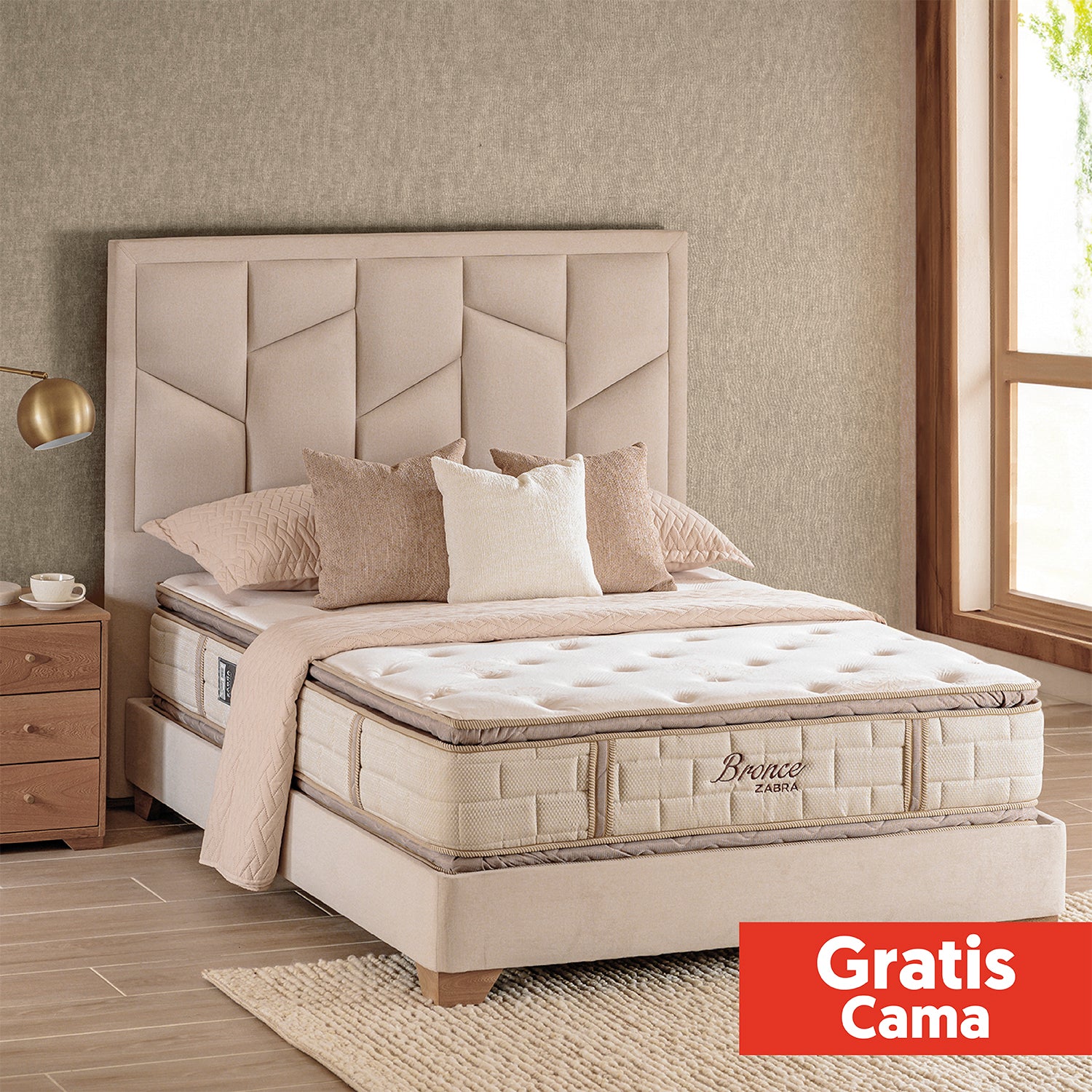 Colchón Queen Bronce Doble Pillow Top + Gratis Cama Beige