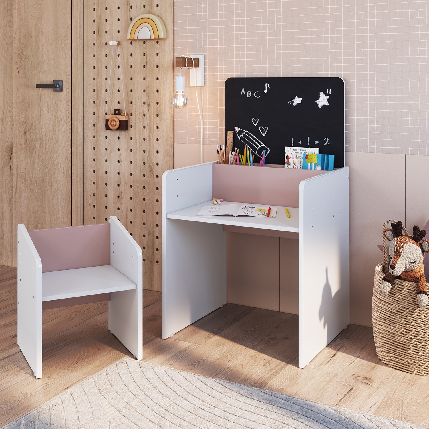 Escritorio Abby + Silla Blanco, Rosado