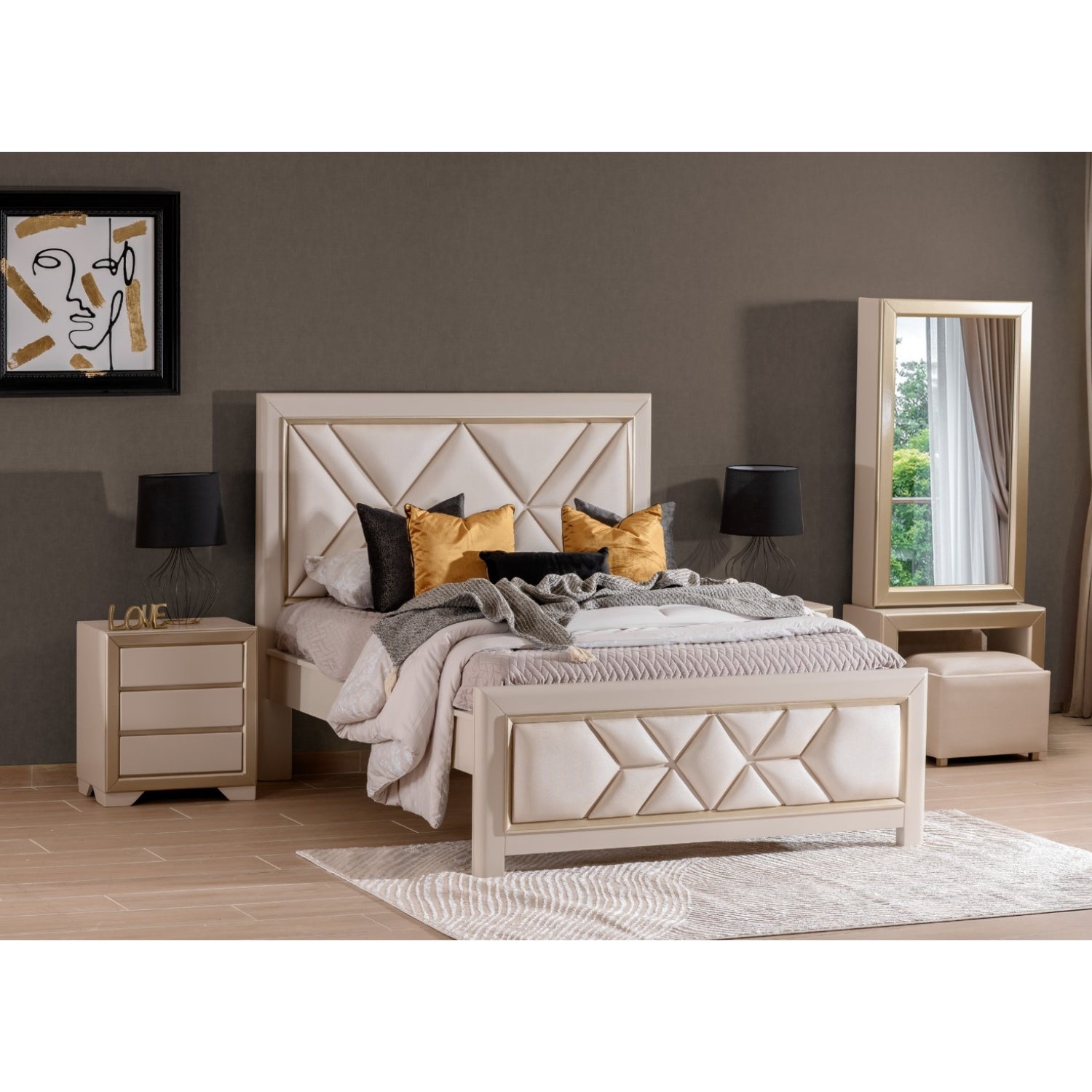 Combo Cama Doble Marriot Greige, Champaña + Colchon Lexus Pillow Top