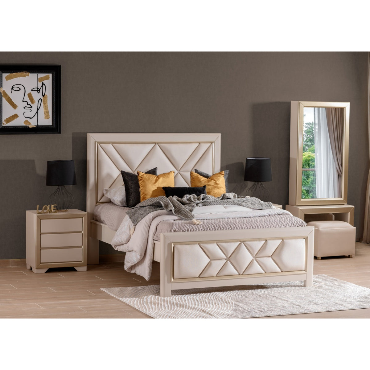 Combo Cama Doble Marriot Greige, Champaña + Colchon Lexus Pillow Top