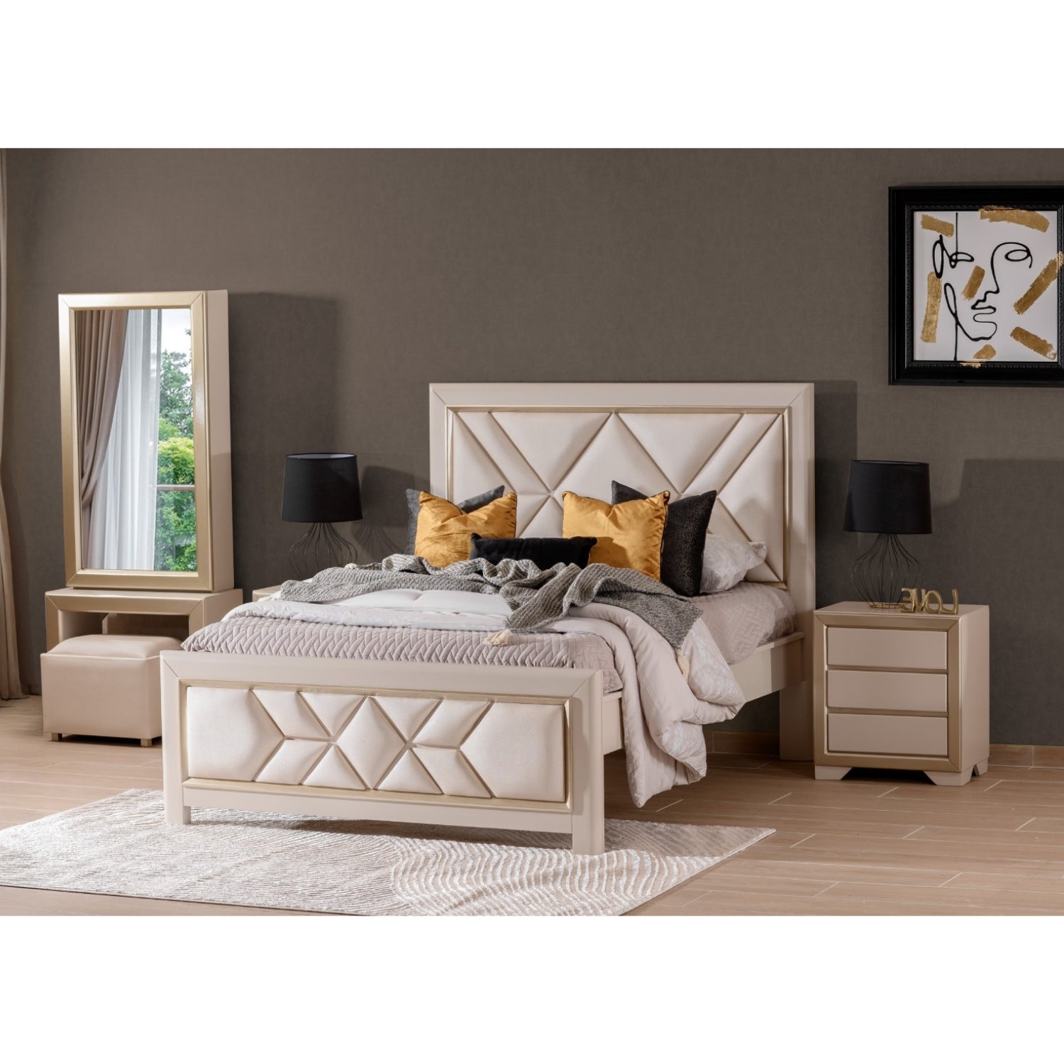 Combo Cama King Marriot Greige, Champaña + Colchon Lexus Pillow Top
