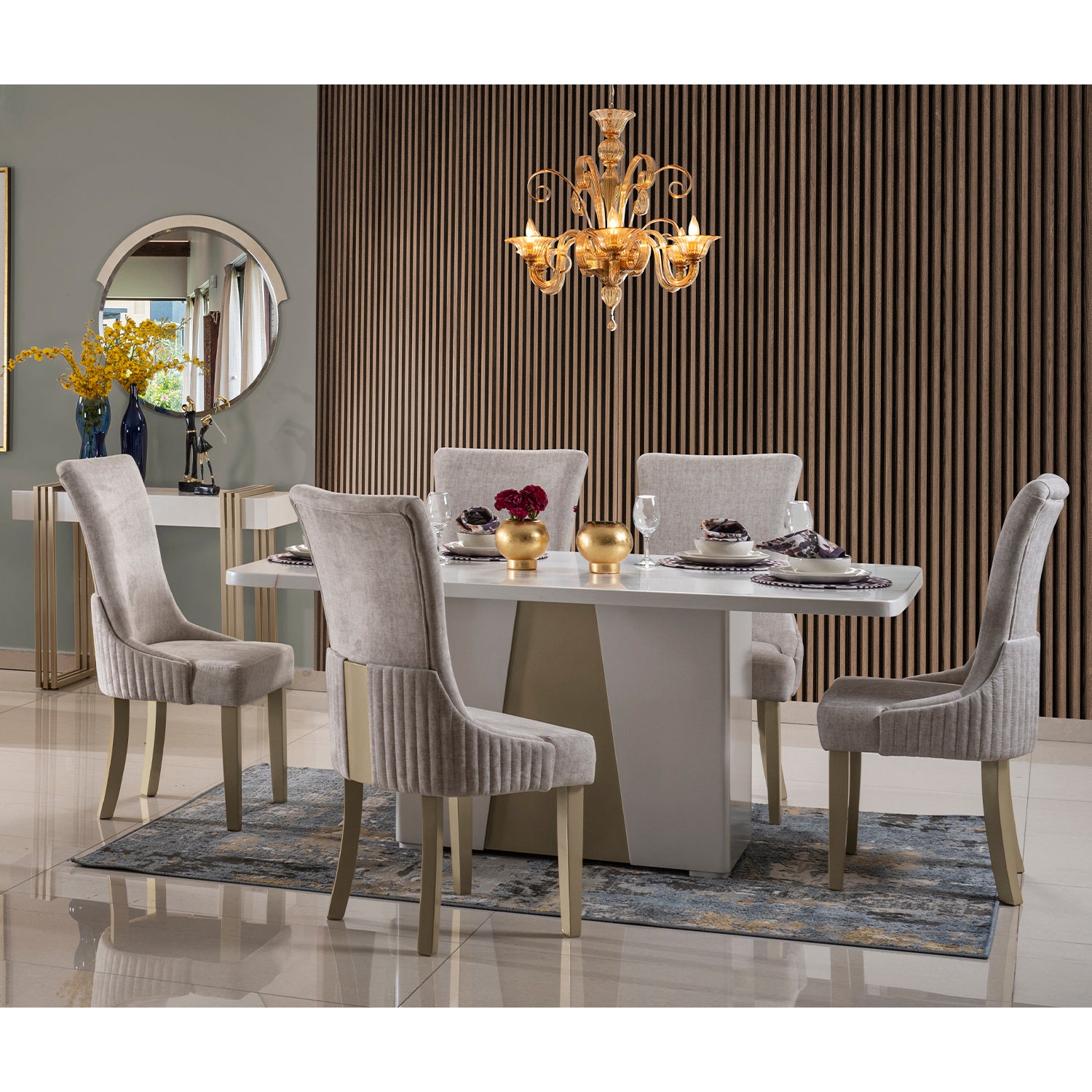 Comedor 6 Puestos Roma Velvet Marmol, Champaña Poliuretano*
