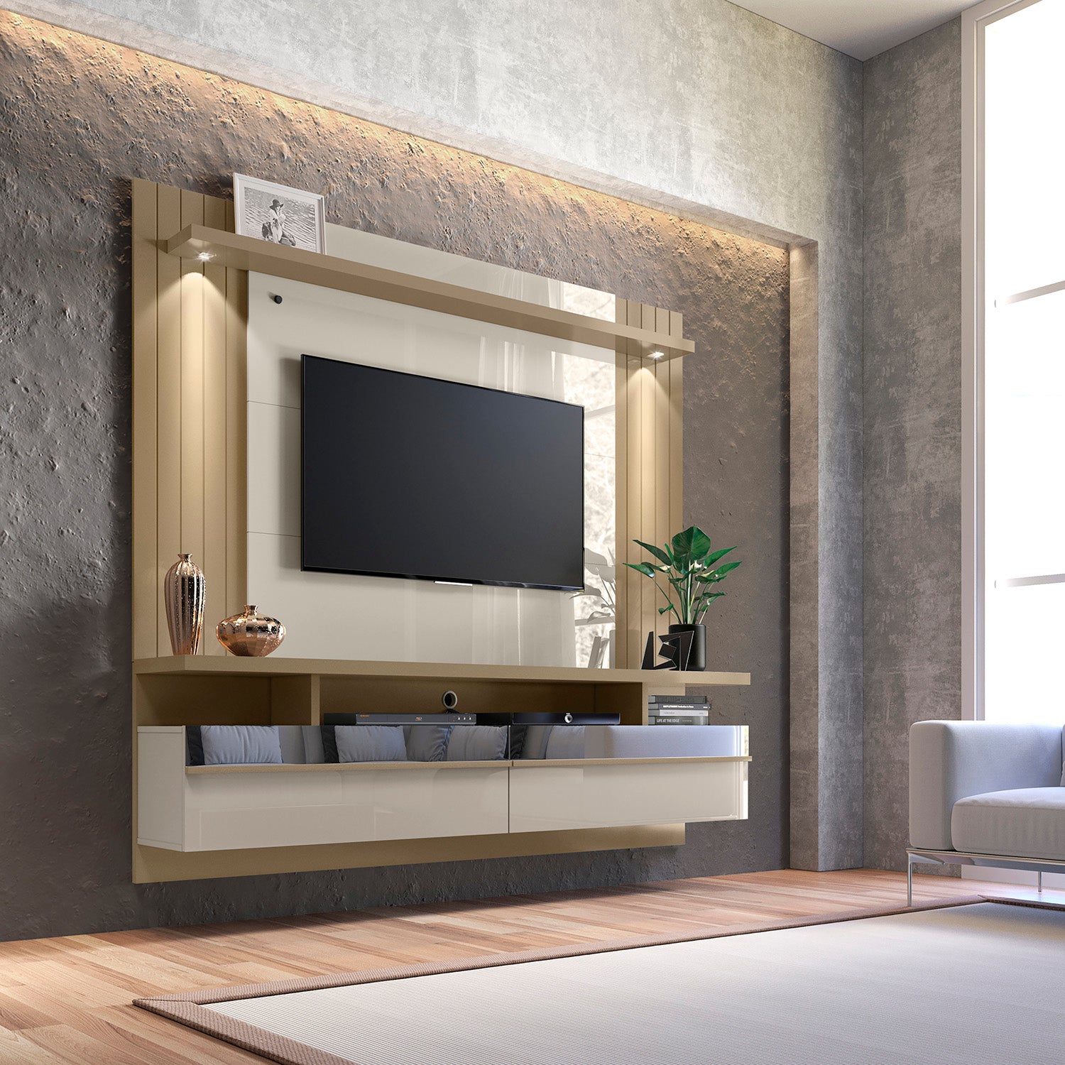 Panel Tv Dallas Dorado, Off White 200X183X33