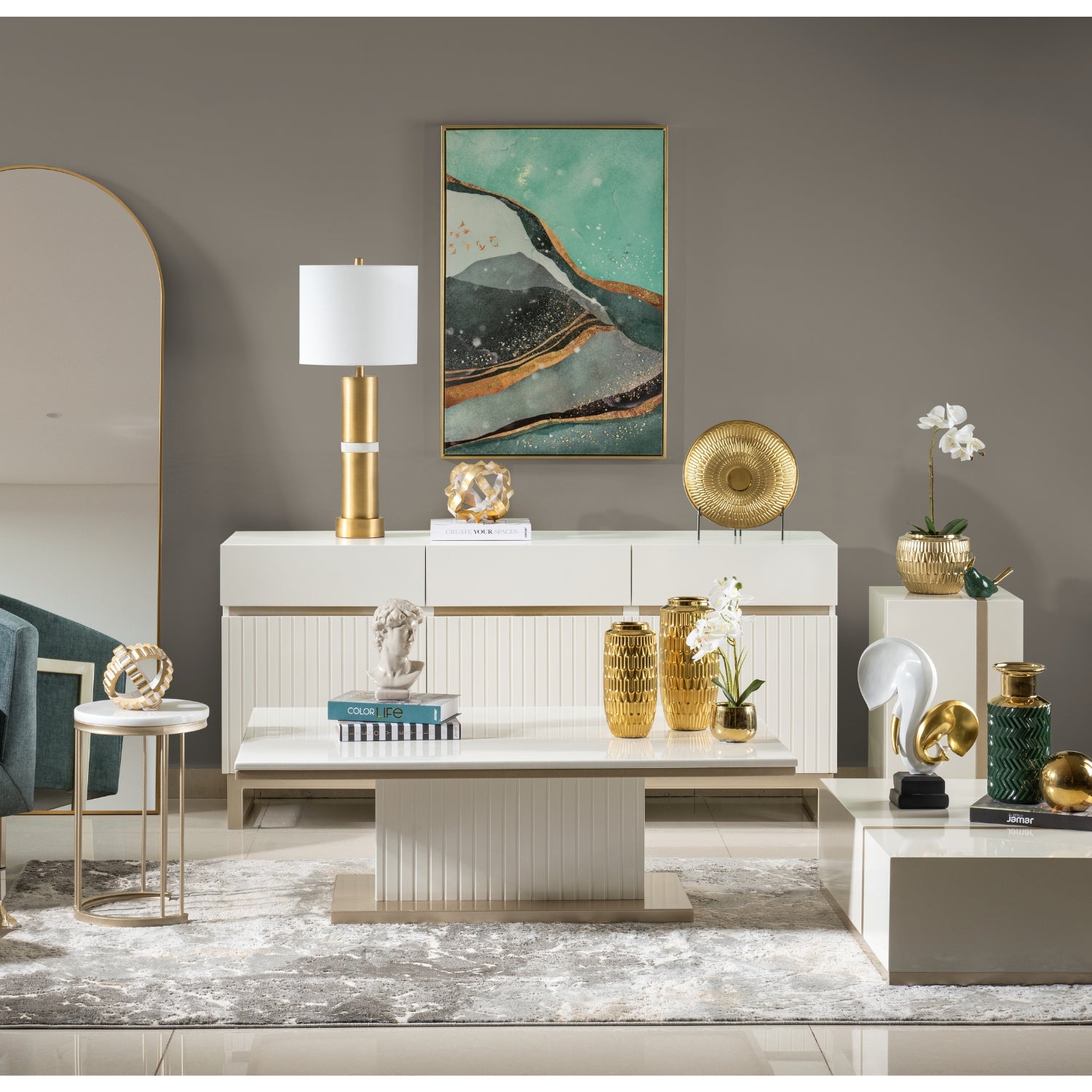 Mesa De Centro 40X120X80 Berlin Blanco Perla, Champaña