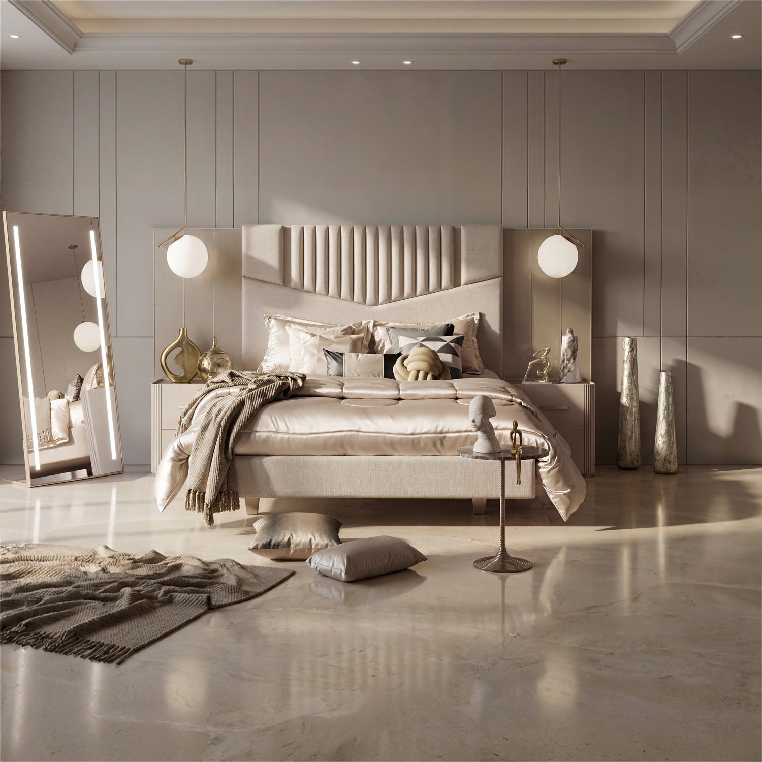 Combo Cama Queen Sabina Off White, Champaña + Colchon Silenzio Pillow Top + 2 Nocheros