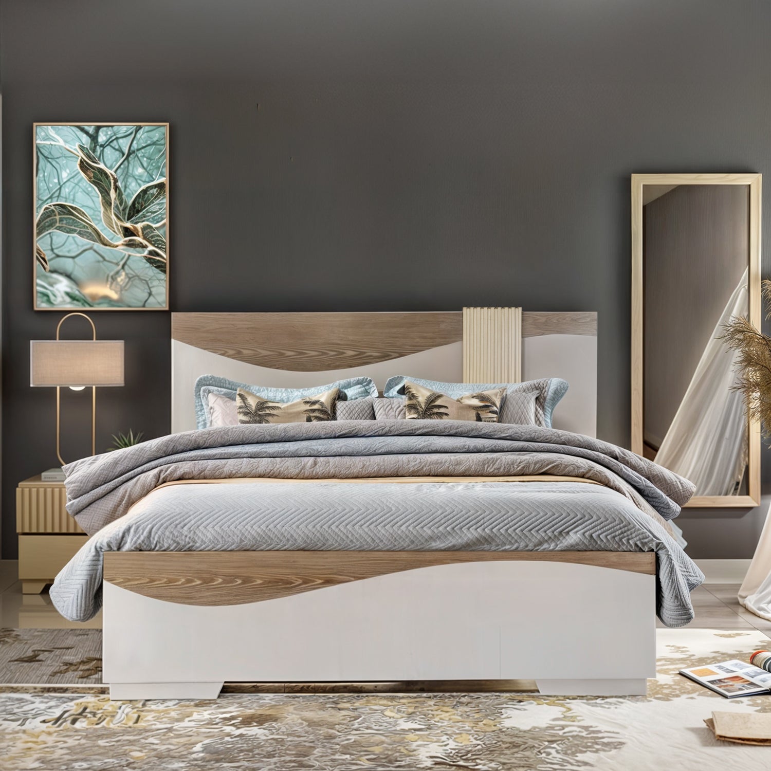 Cama Doble Keneth Off White, Champaña