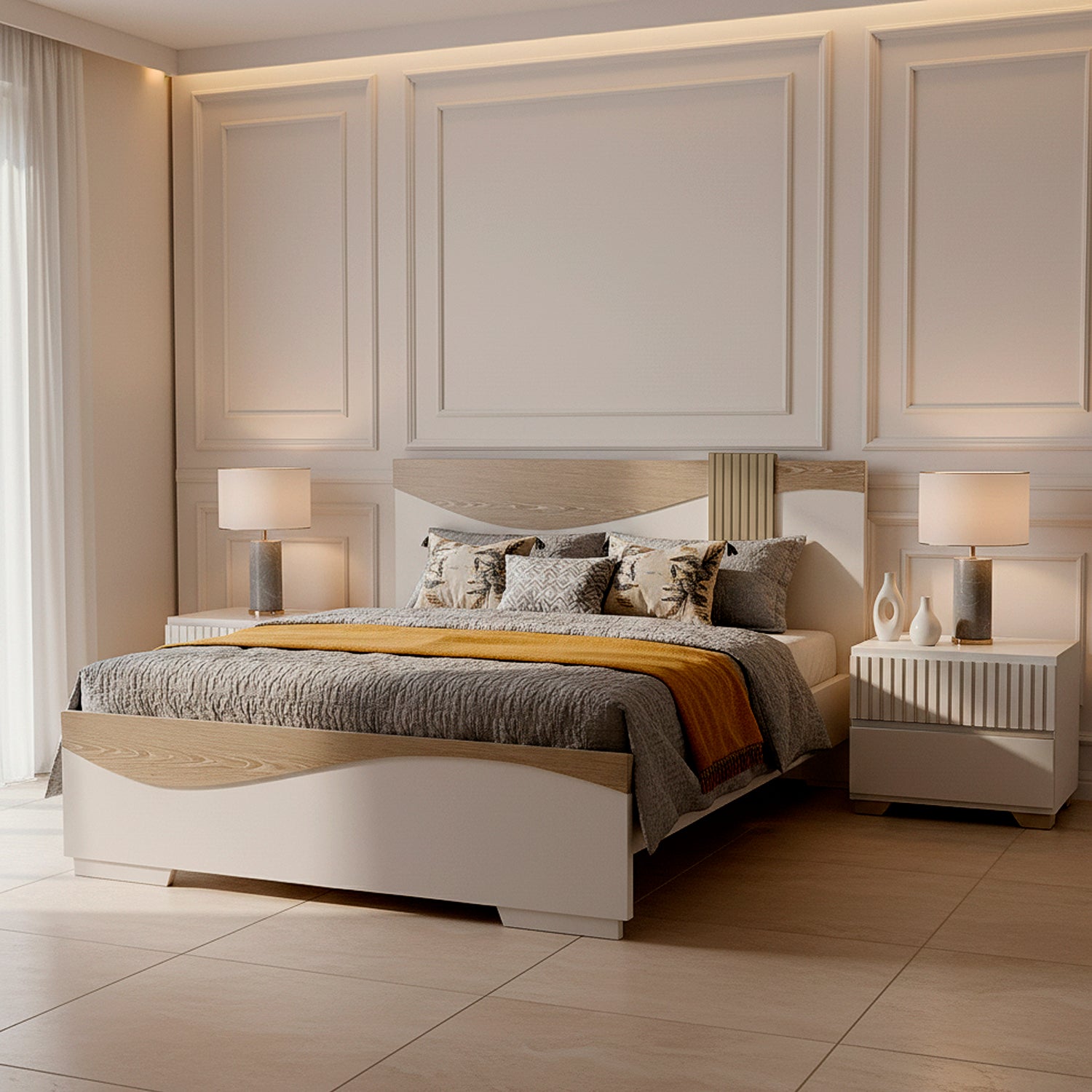 Cama Doble Keneth Off White, Champaña