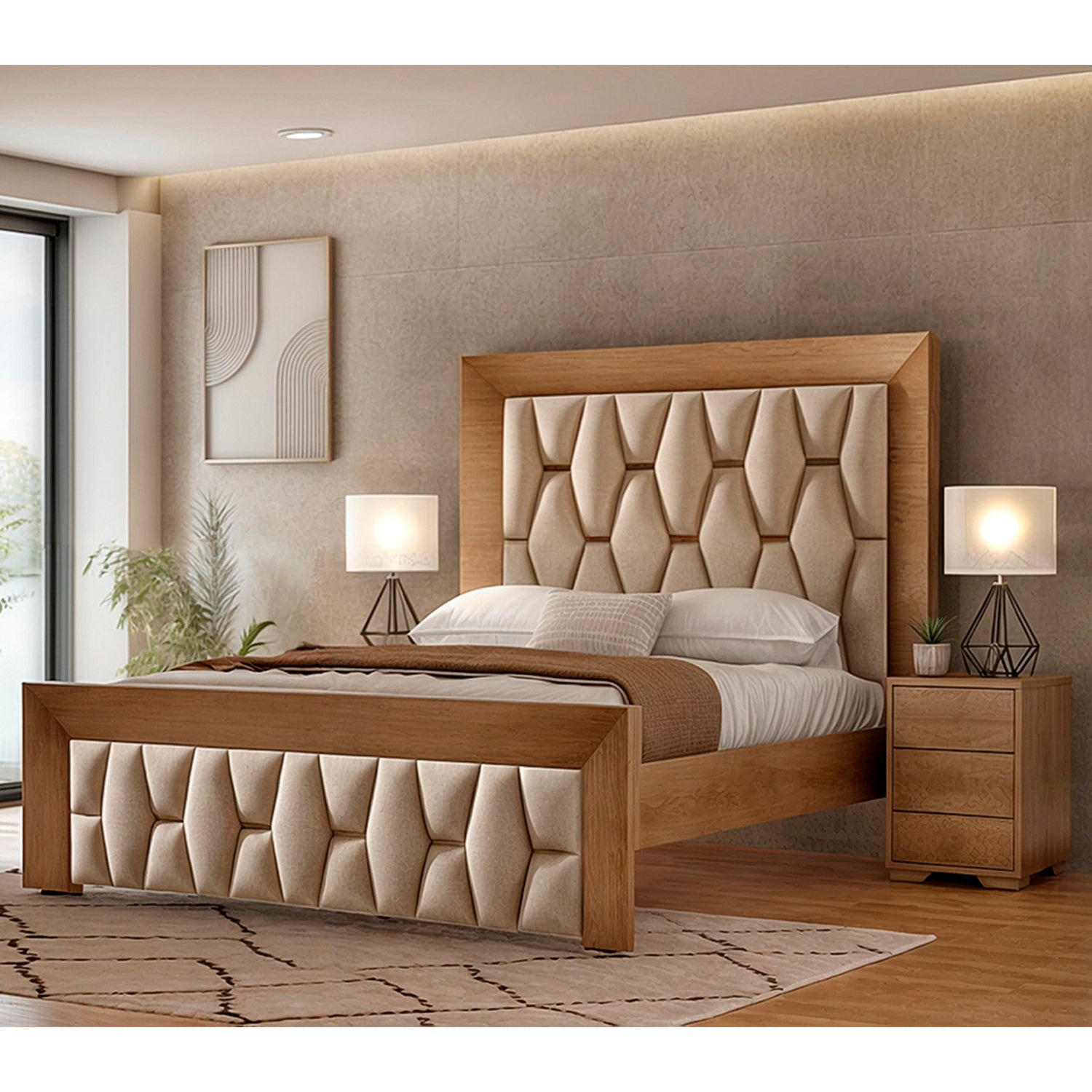 Cama Queen Mila Eurolino Marbella Beige, Natural
