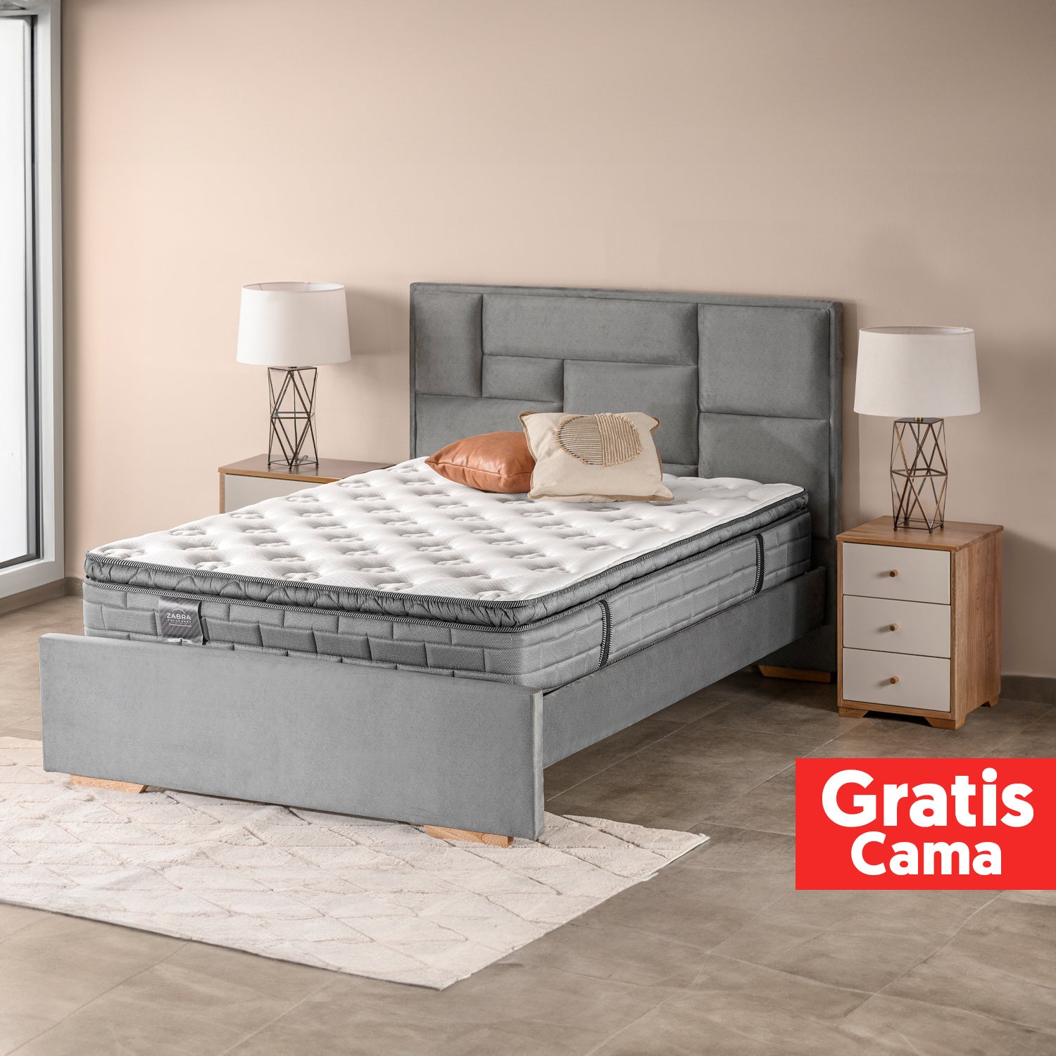 Combo Colchón Semi Doble Aurora Gris Pillow Top (Garantia 15 años)+ Cama