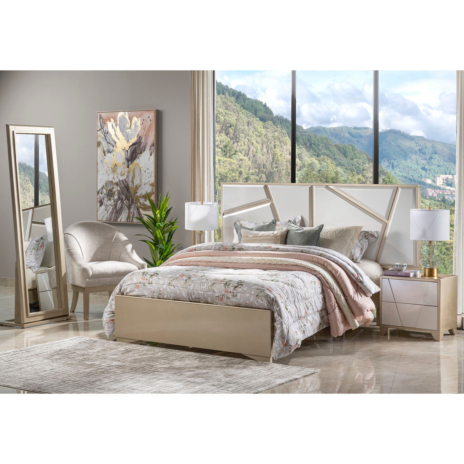 Cama King Munich Champaña, Blanco Perla