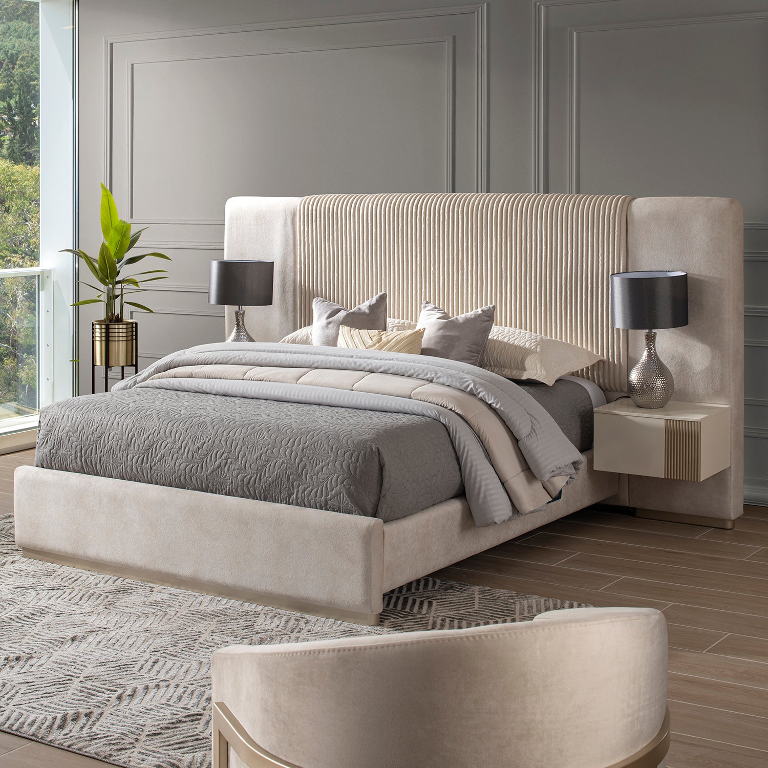 Cama Queen Montreal  Velvet Crudo y Champaña