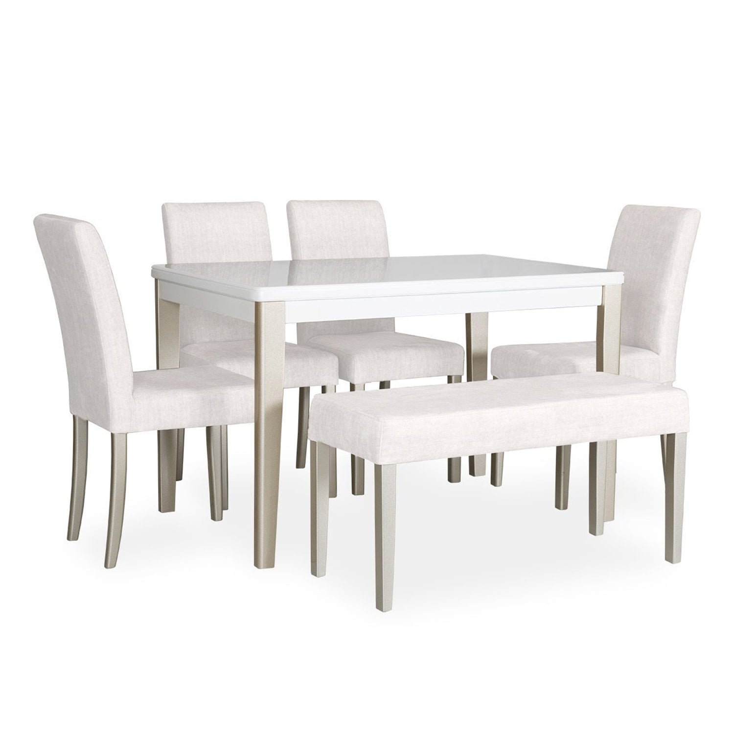 Comedor 6 Puestos Line Eurolino Blanco, Champaña 4 Sillas + Butaca