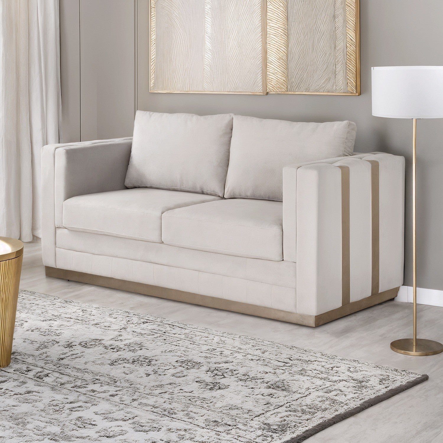 Sofá 2 Puestos Valenty Velvet Siena Marfil, Champaña