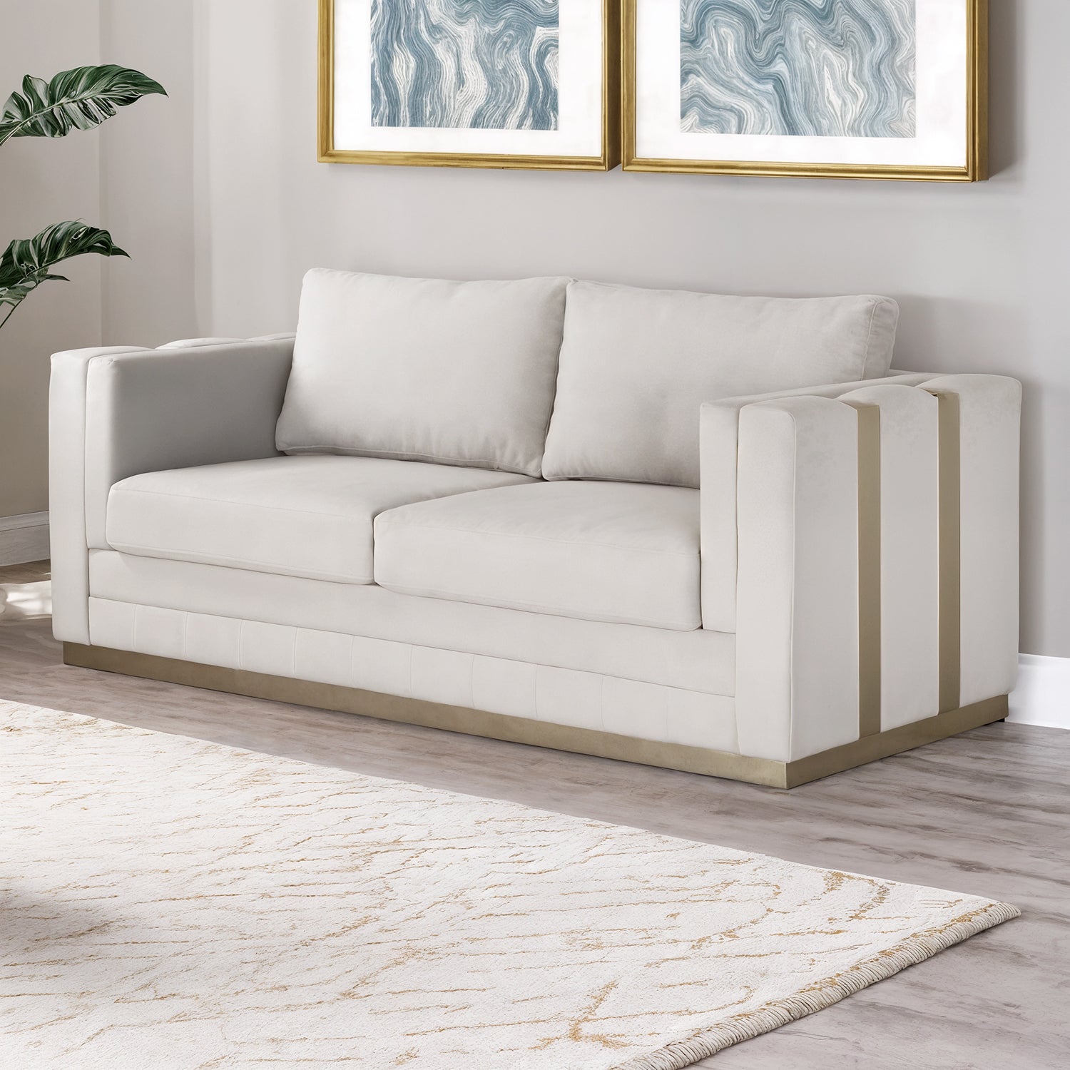 Sofá 3 Puestos Valenty Velvet Siena Marfil, Champaña