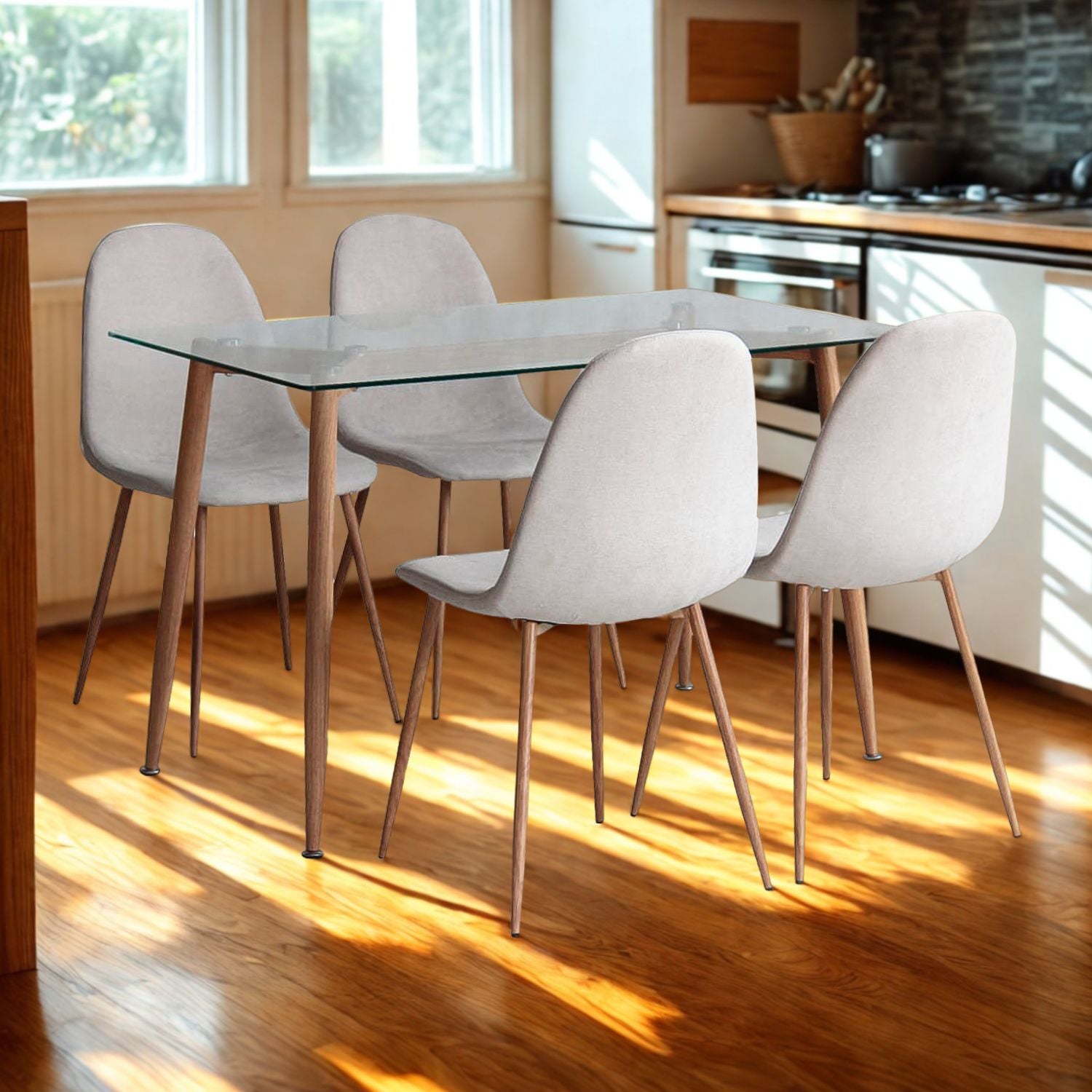 Comedor 4 Puestos Harrison Microfibra Taupe, Natural