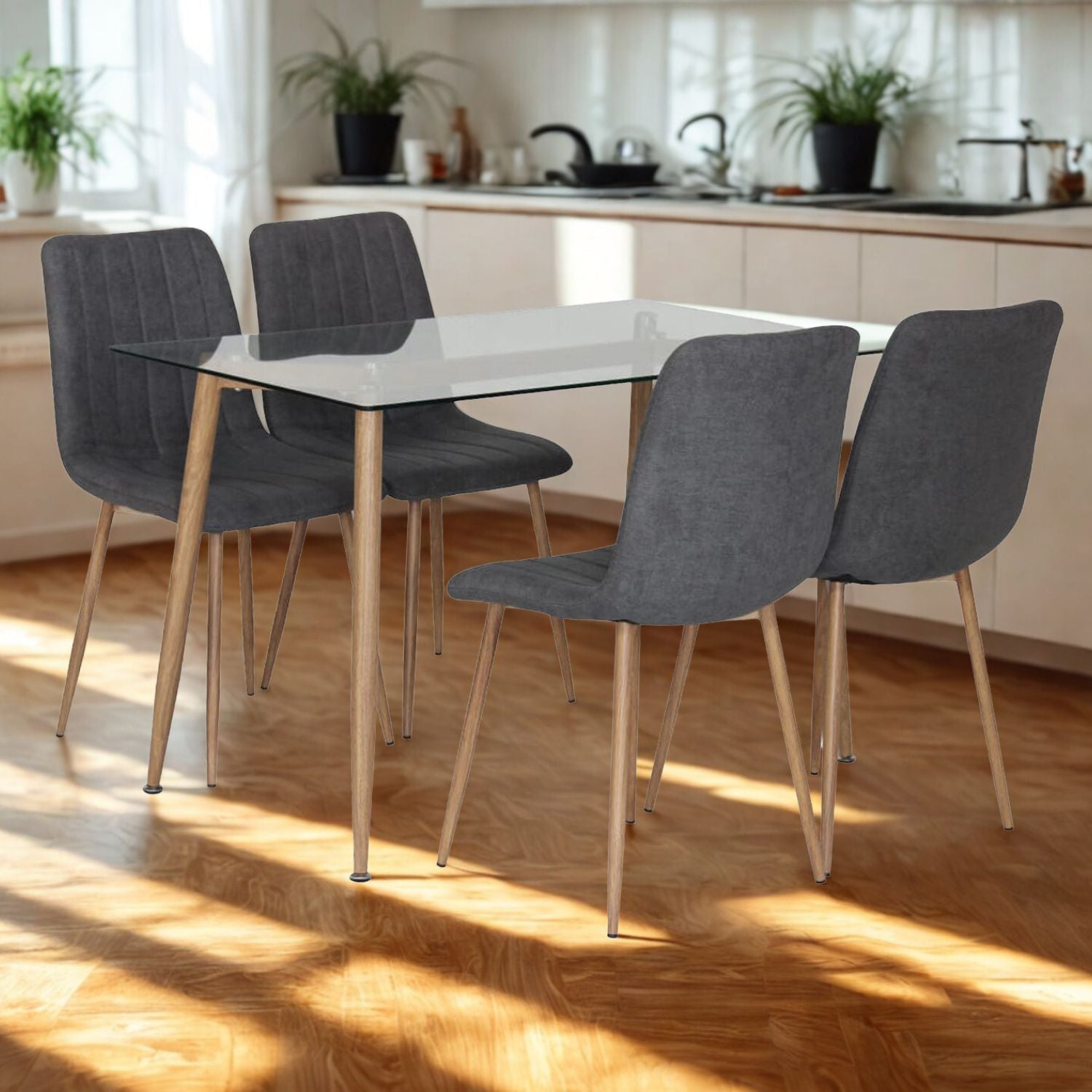 Comedor 4 Puestos Hodson Microfibra Gris, Natural