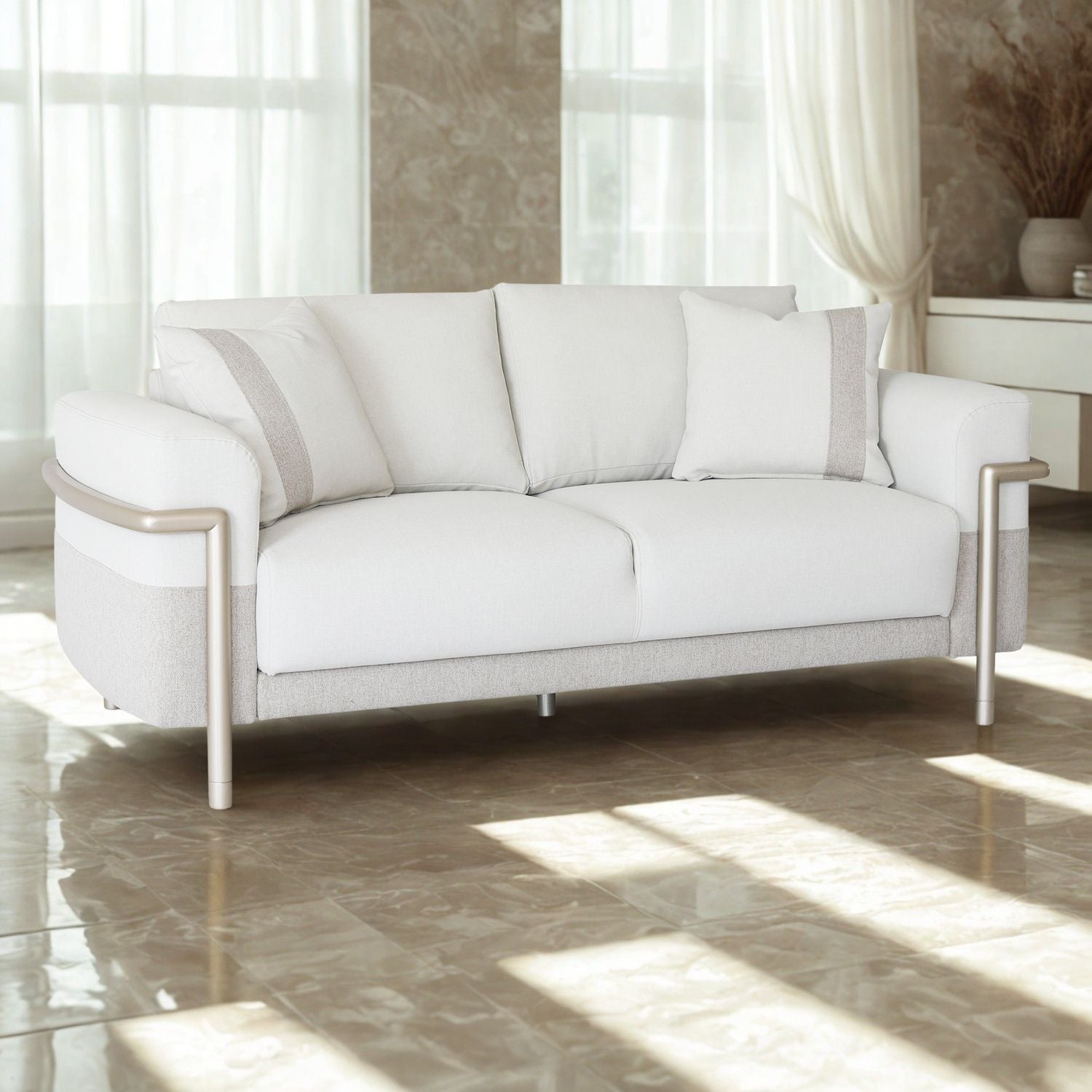 Sofá 3 Puestos Ginebra Eurolino Blanco Beige y Champaña